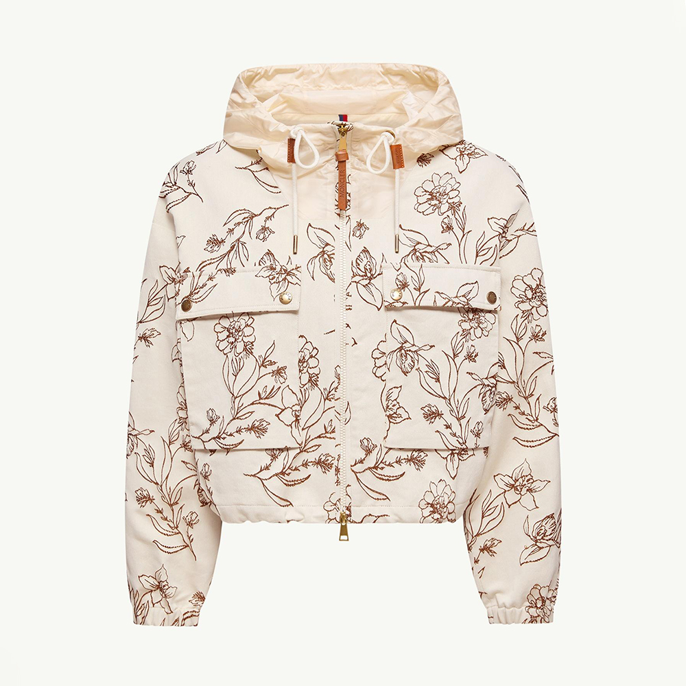 Designer white Clothing Moncler White Brown Nepeta Hooded Floral Print Jacket #395282 | Nigo Office