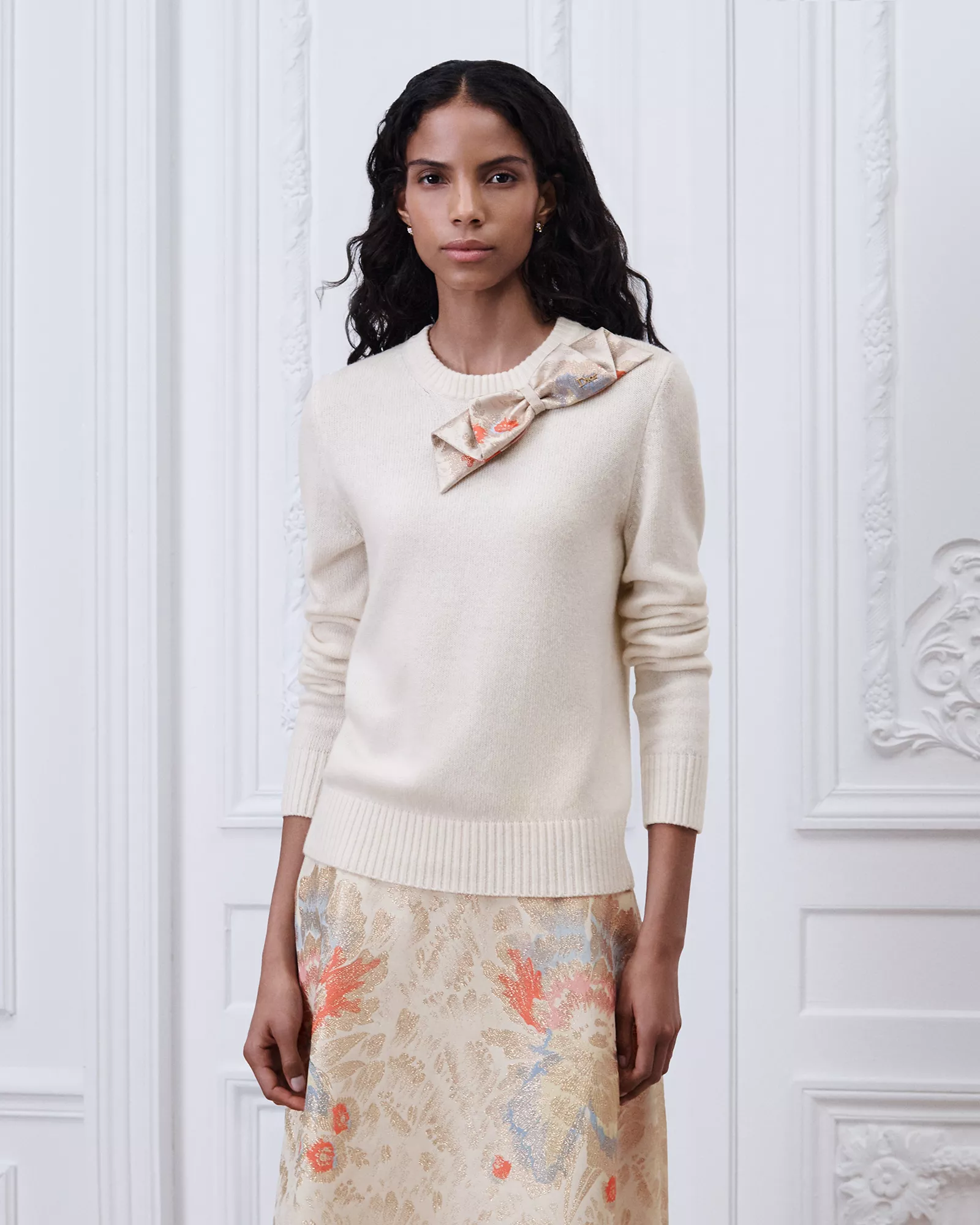 Dior multicolor Clothing DIOR Sweater with Bow Ecru Wool and Cashmere Jersey Knit with Multicolor Dior Byzance Garden Metalli