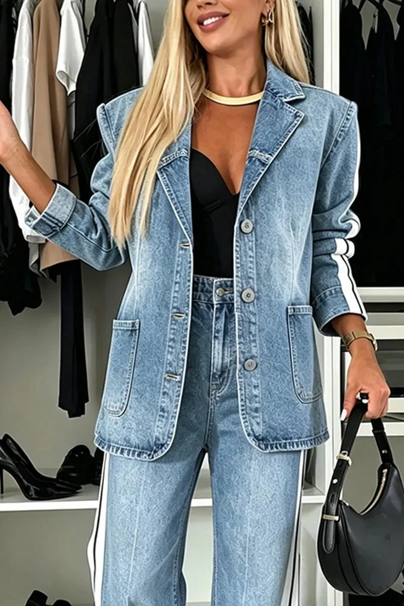 Women Collar Vertical Stripe Washed Denim Jacket + Jeans