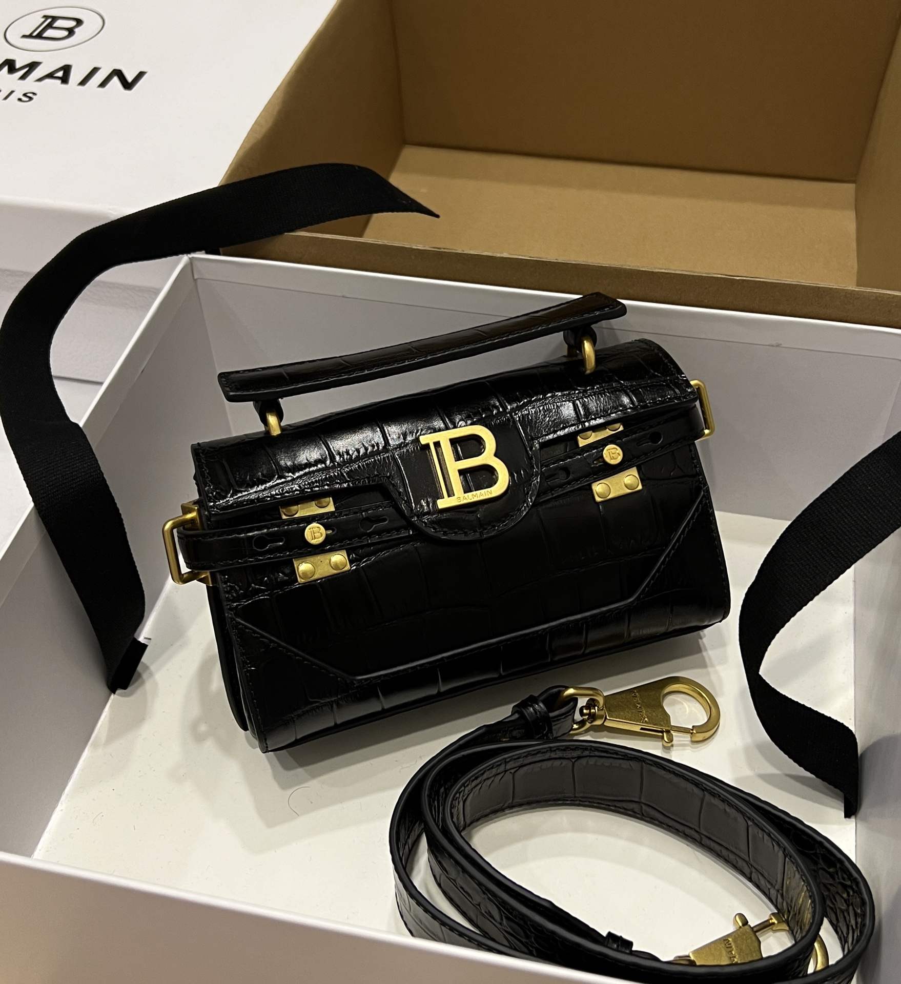 [TOP] BALMAIN Cowhide Crocodile Pattern Bag 19*12*7.5 CM - Black - 711 Luxury