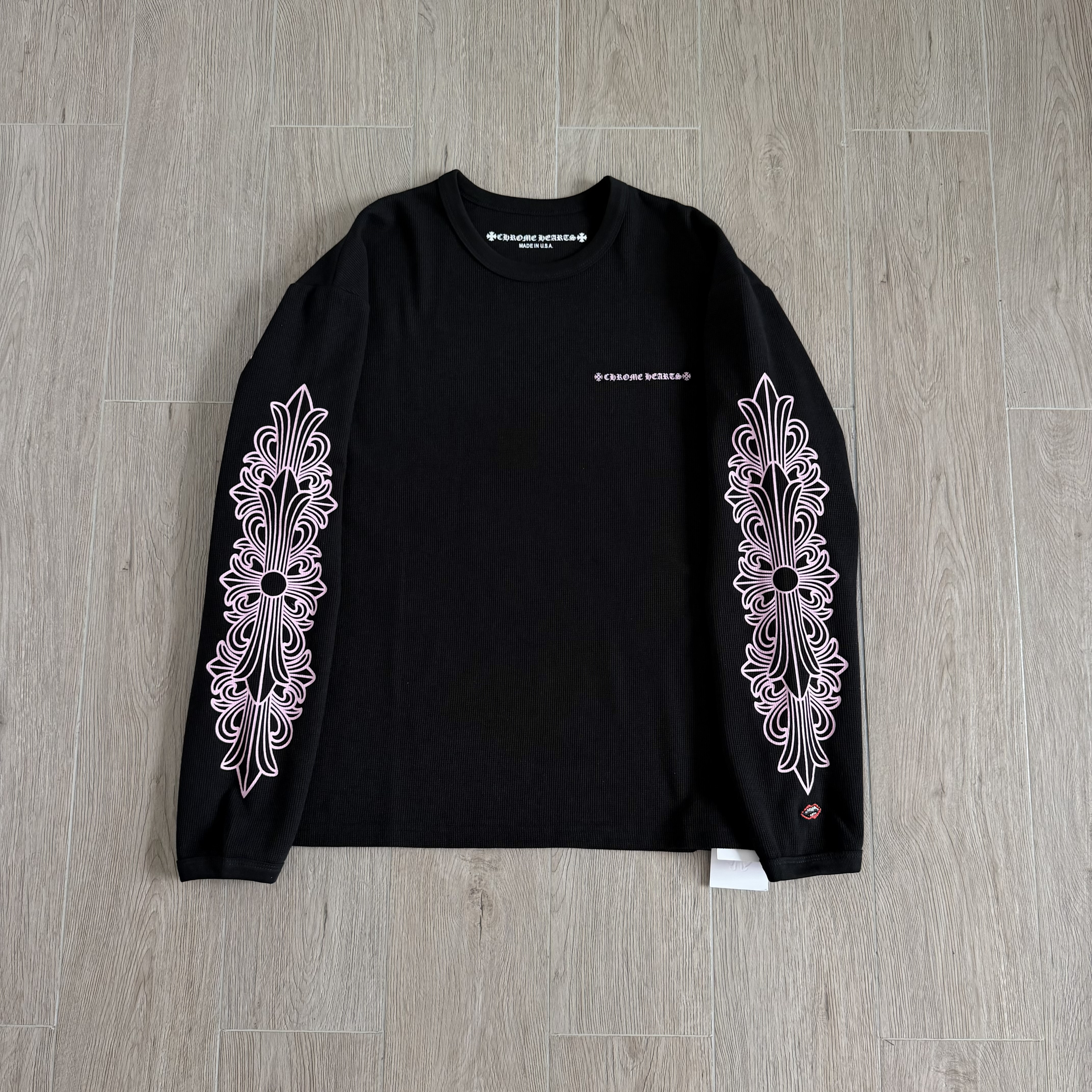 Chrome Hearts pink Clothing Chrome Hearts Pink Sanskrit Printed Waffle Graffiti Short-sleeved Sweatshirt #394631 View 2 | Nig