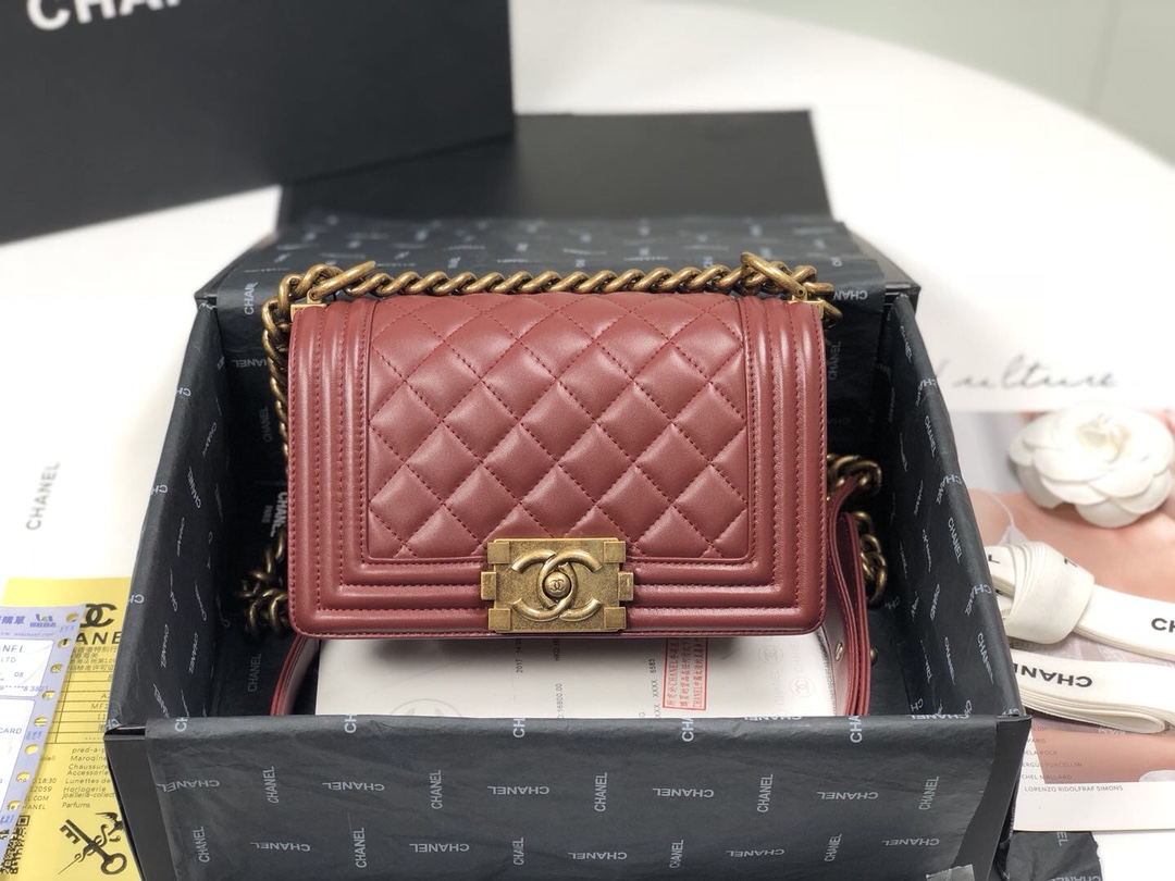 [TOP] CHANEL Sheepskin Le Boy Bag 20*14*7.5cm - Maroon & GHW