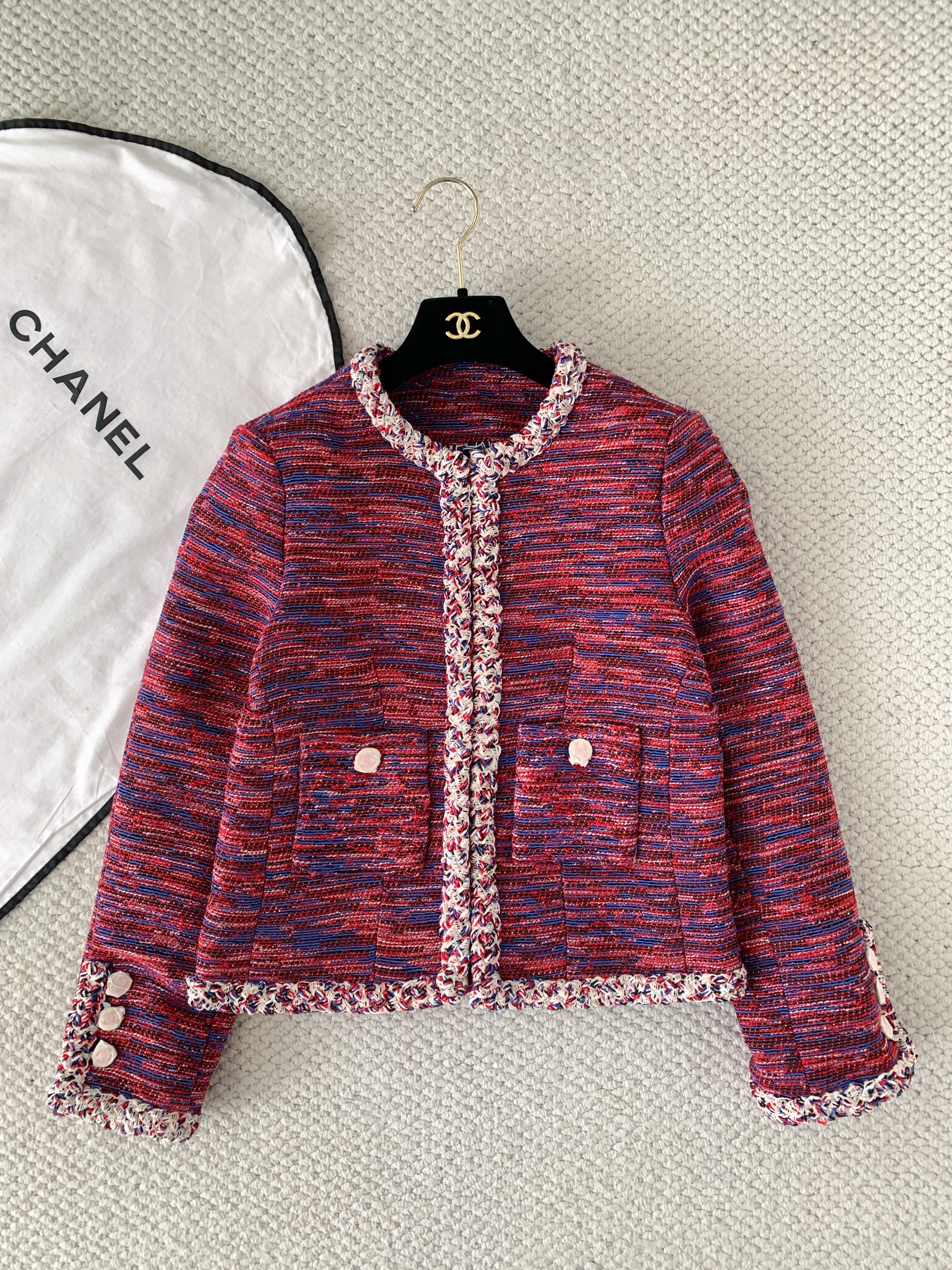 Chanel red Clothing CHANEL Jacket and Midi Skirt Tweed Red Blue #395037 View 2 | Nigo Office