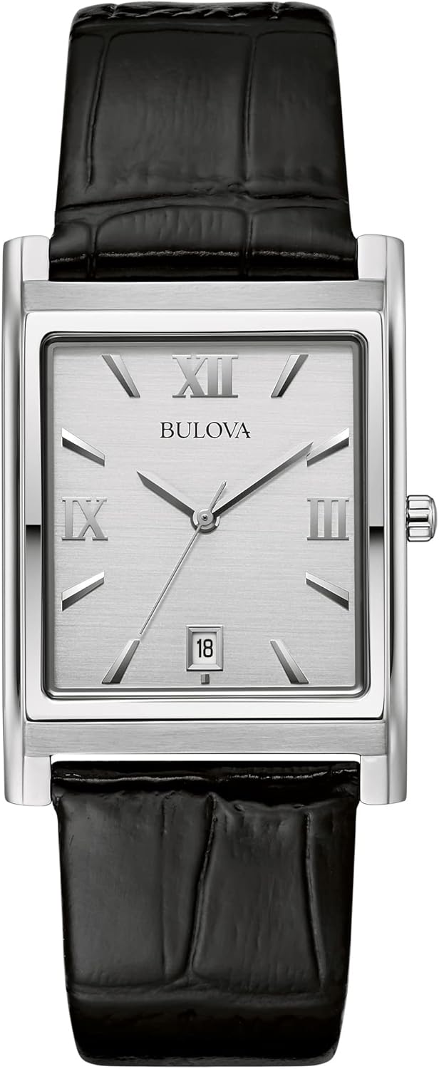 Bulova Men's Stainless Steel 3-Hand Calendar Date Quartz Watch with Black Leather Strap, Rectangle Dial Style: 96B107