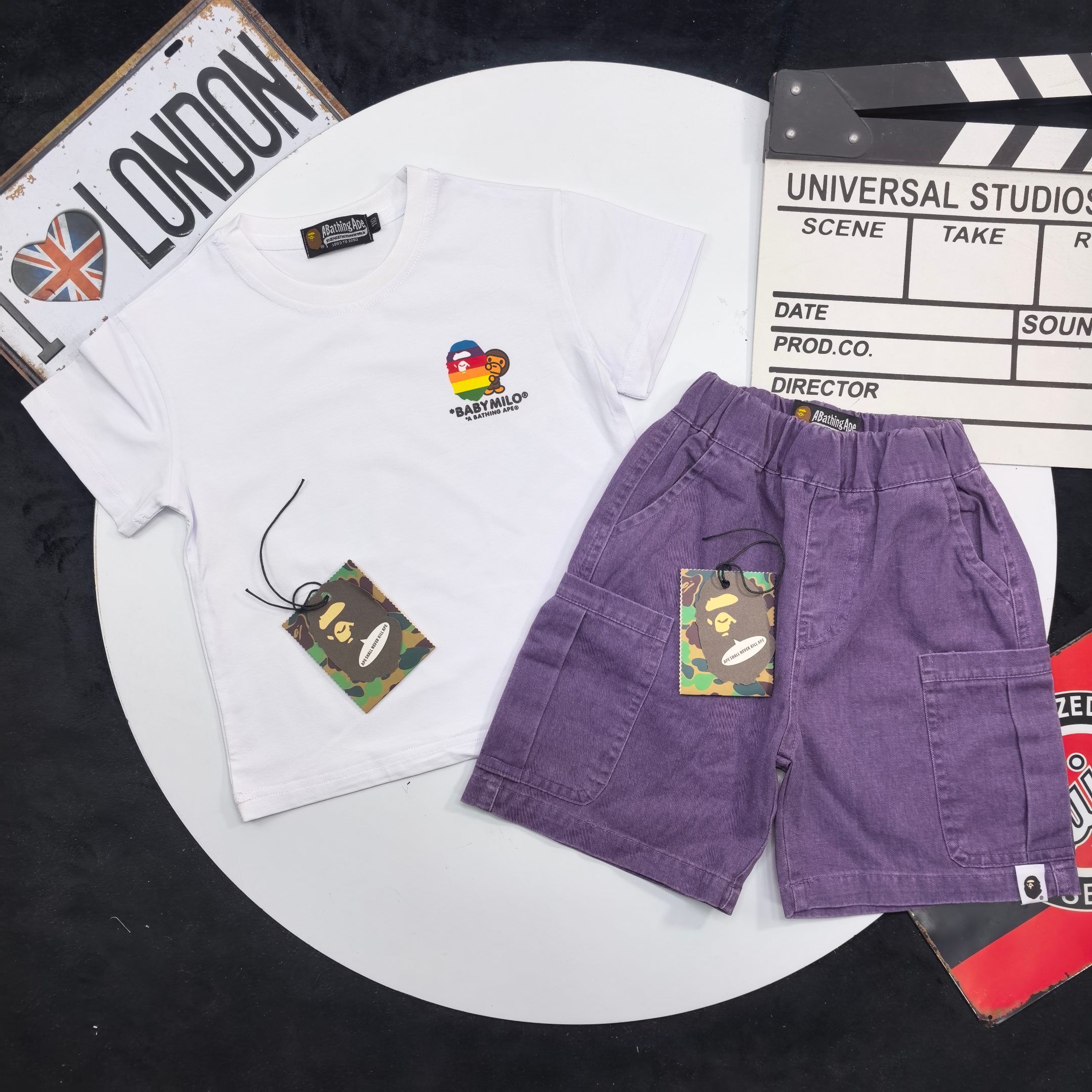 Bape Unisex Kids White Rainbow Baby Milo Print Short Sleeve T-Shirt & Purple Washed Cargo Denim Shorts Set Boys Girls Sizes 90-150