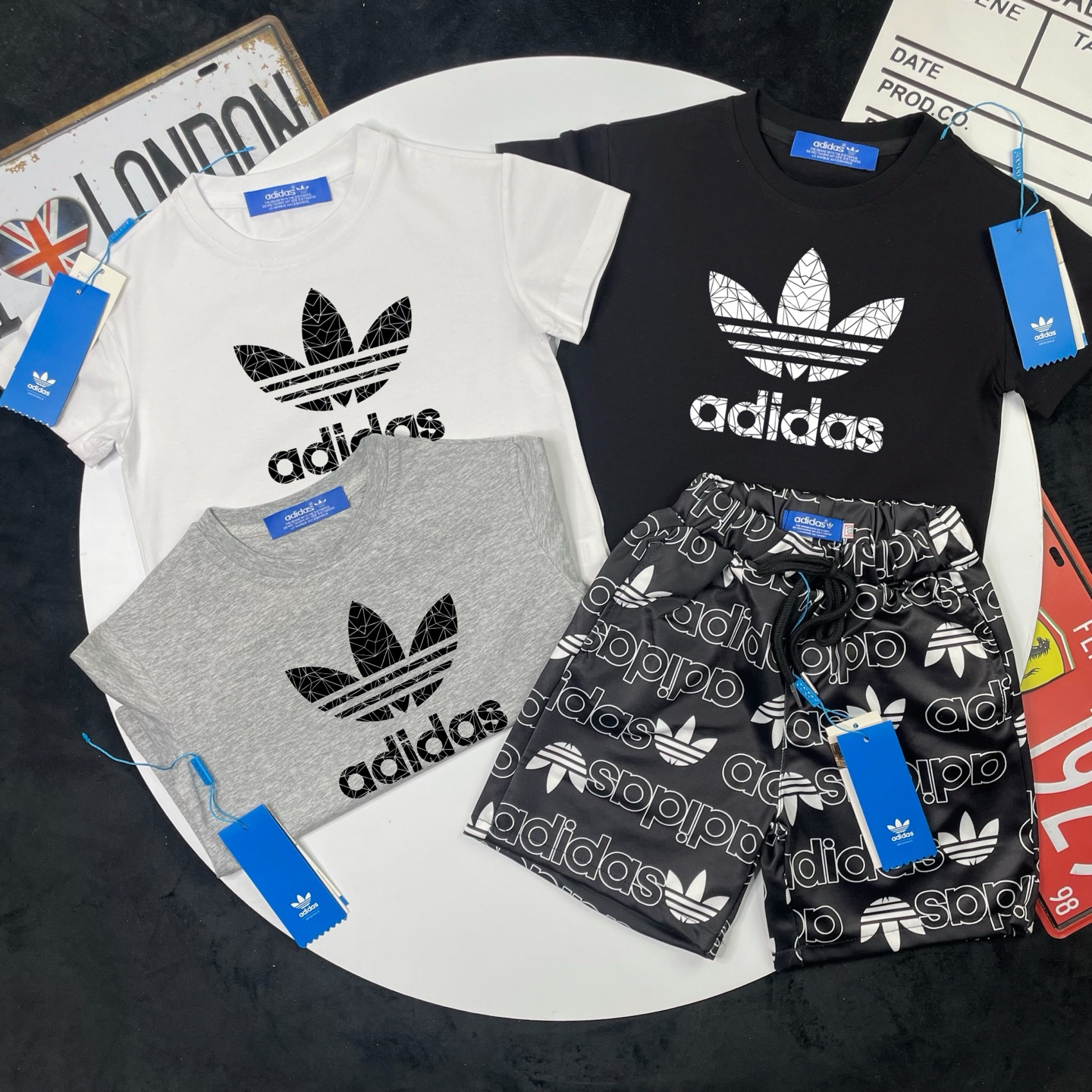Adidas Kids 2Pcs Geometric Texture Trefoil Tee & All Over Logo Print Shorts Outfit For Boys Girls Full Original Tags Sizes 90-150