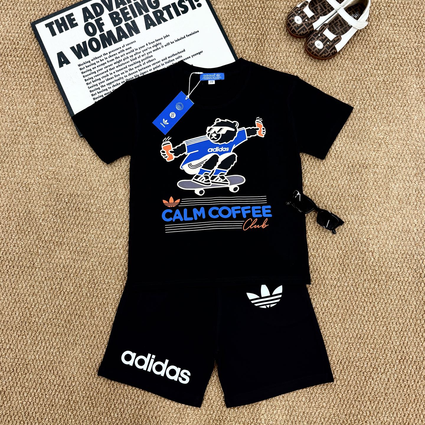 Adidas Kids 2Pcs Skate Bear CALM COFFEE Print Tee & Logo Shorts Matching Set For Boys Girls Full Original Tags Sizes 90-150