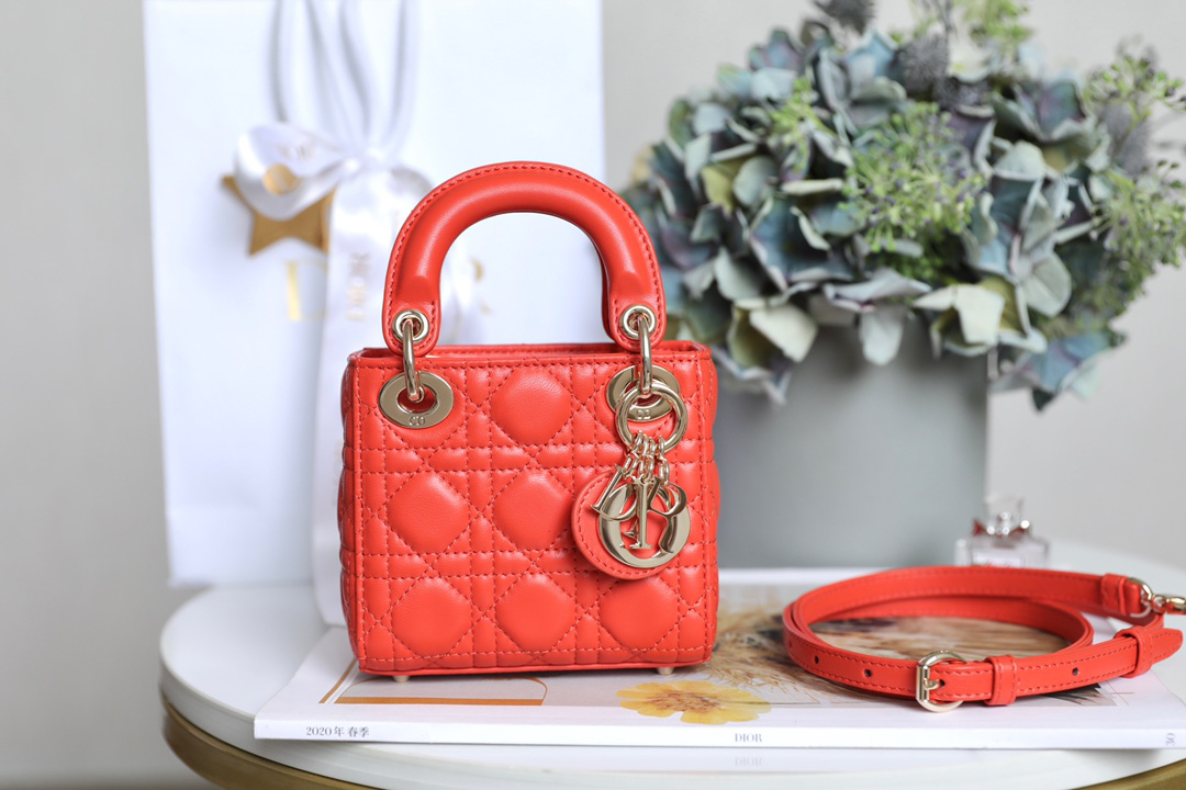 [TOP] Christian Dior Lady Dior Bag Lambskin 12x10x5cm - Orange - 711 Luxury