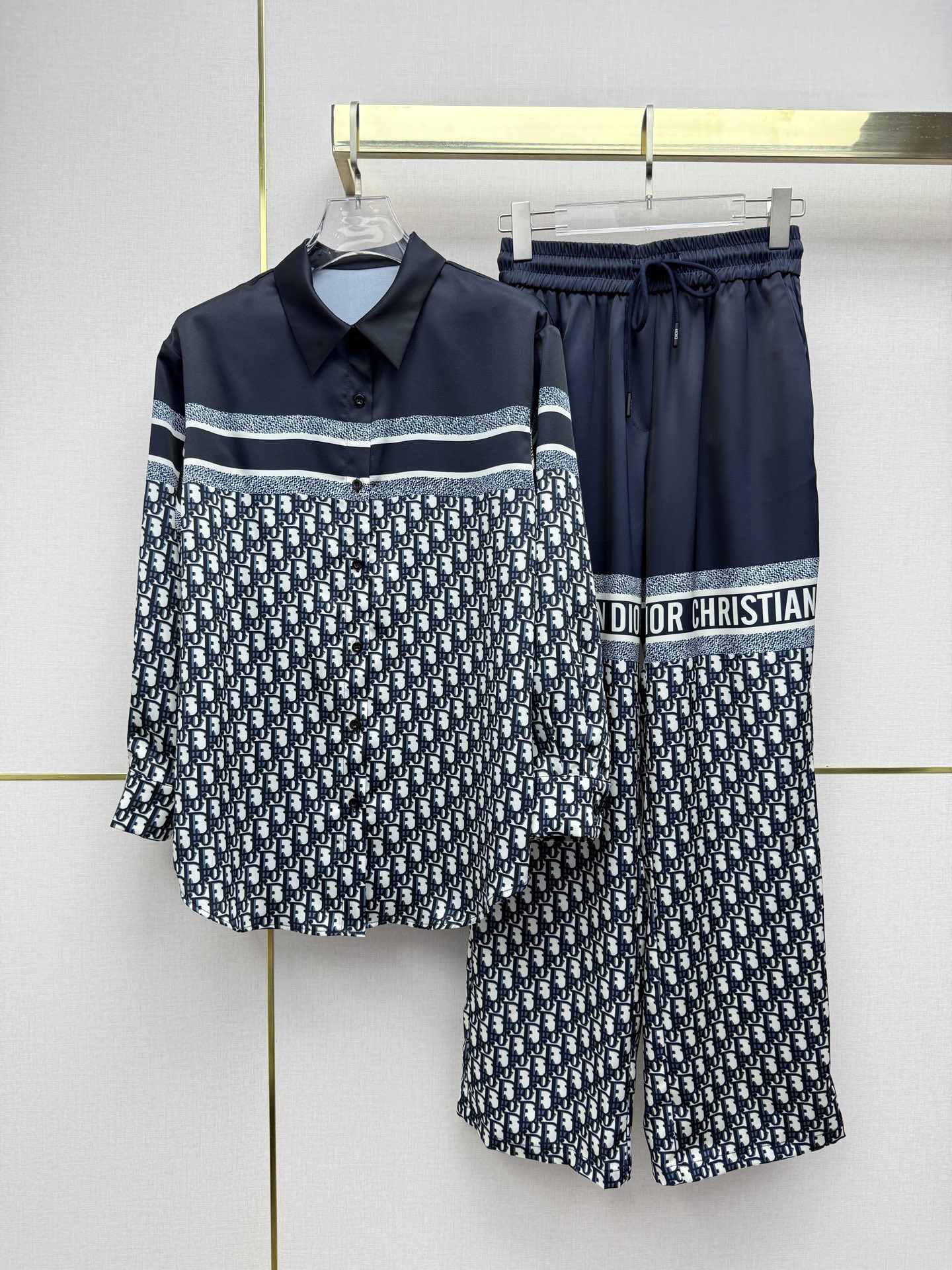 [TOP] Christian Dior Wide-leg Trousers in Classic Monogram Print - Navy Blue