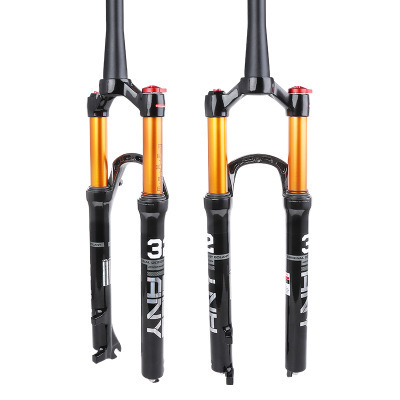 Black and gold MTB air suspension front fork with 31.8mm stanchions and remote lockout, designed for 26/27.5/29 inch mountain bikes with disc brake compatibility and enhanced shock absorption.