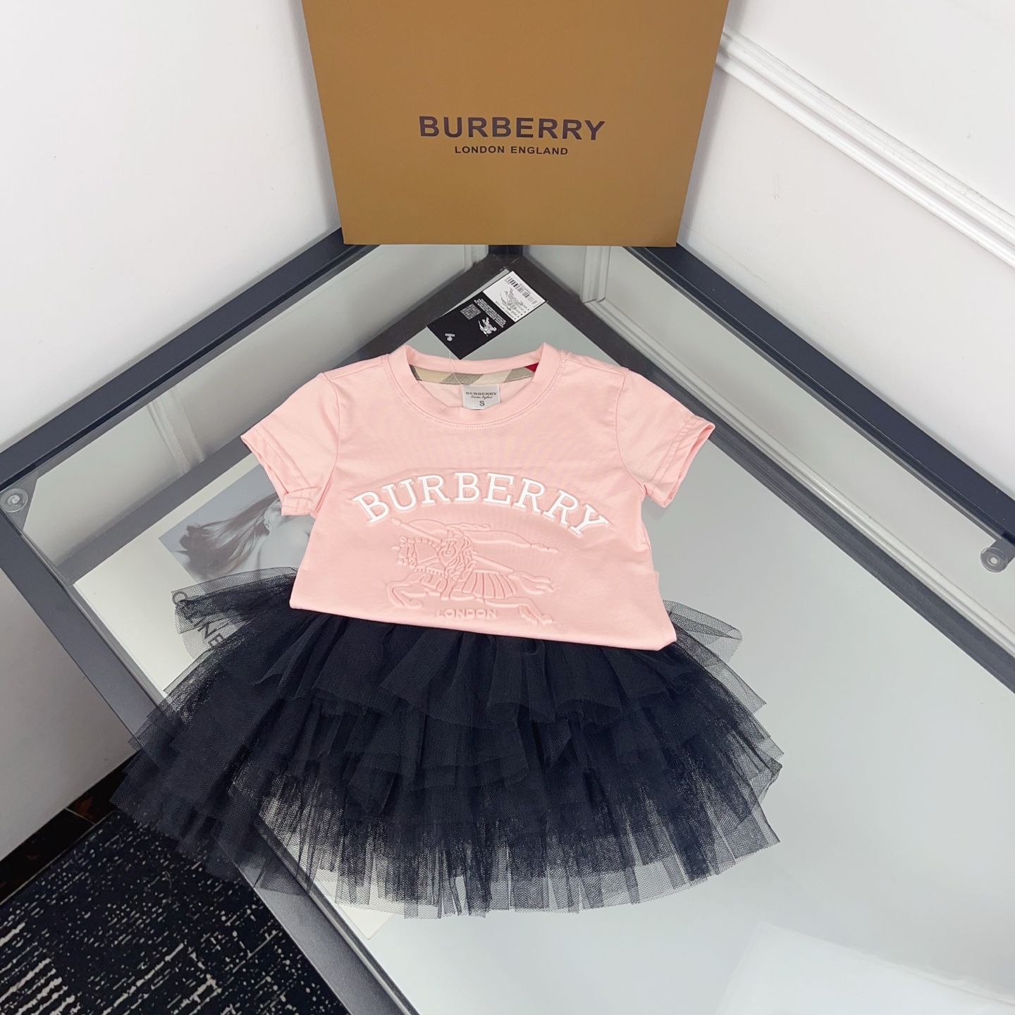 Burberry Girls Pink Embossed Letter Equestrian Short Sleeve T Shirt & Multi-Layer Black Soft Tulle Tutu Skirt Two Piece Princess Outfit Sizes 90-130, Little Girls Matching Set