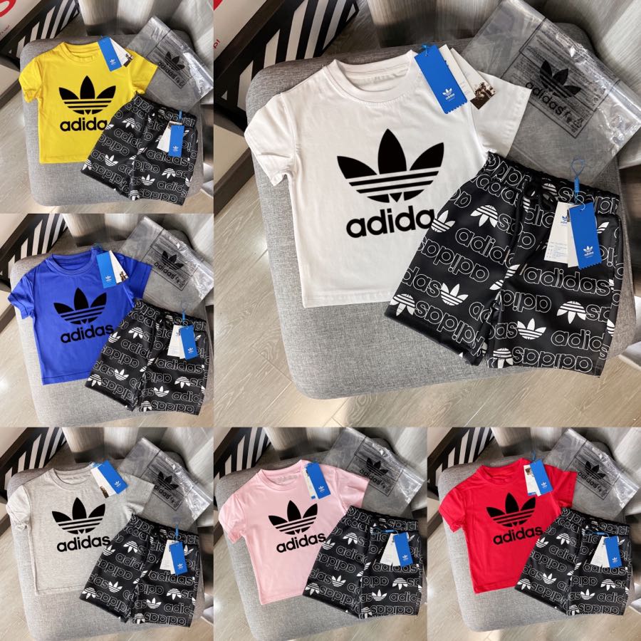 Adidas Kids 2Pcs Big Trefoil Tee & All Over Print Shorts Outfit For Boys Girls Full Original Tags Sizes 90-150,