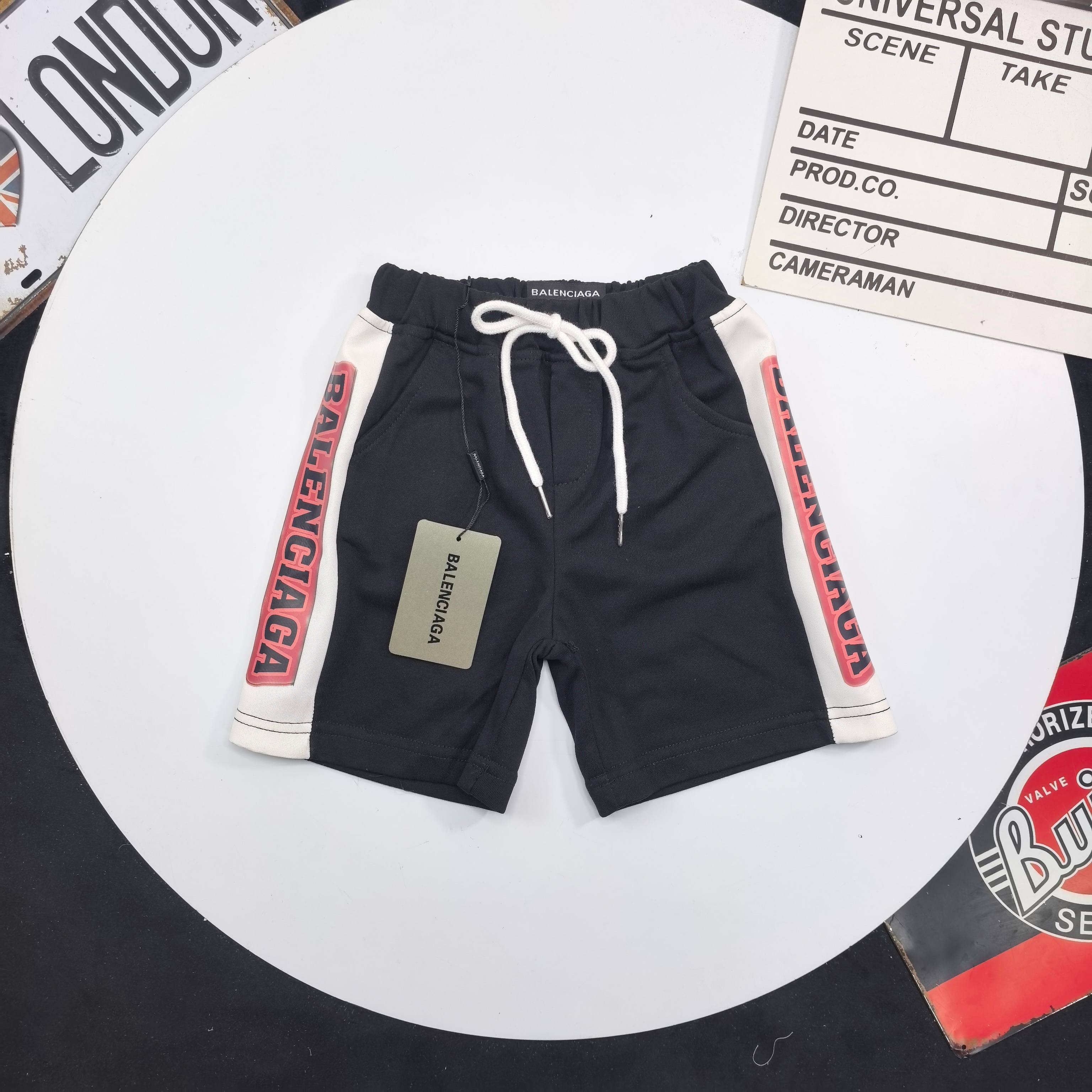 Balenciaga Unisex Kids Color Block Side Stripe Vertical Logo Print Casual Sweat Shorts Boys Girls Summer Pants Sizes 90-150