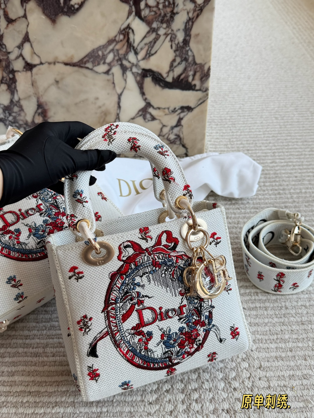 Dior Lady Dior Embroidered Canvas Bag with Metal Hardware (Replica)