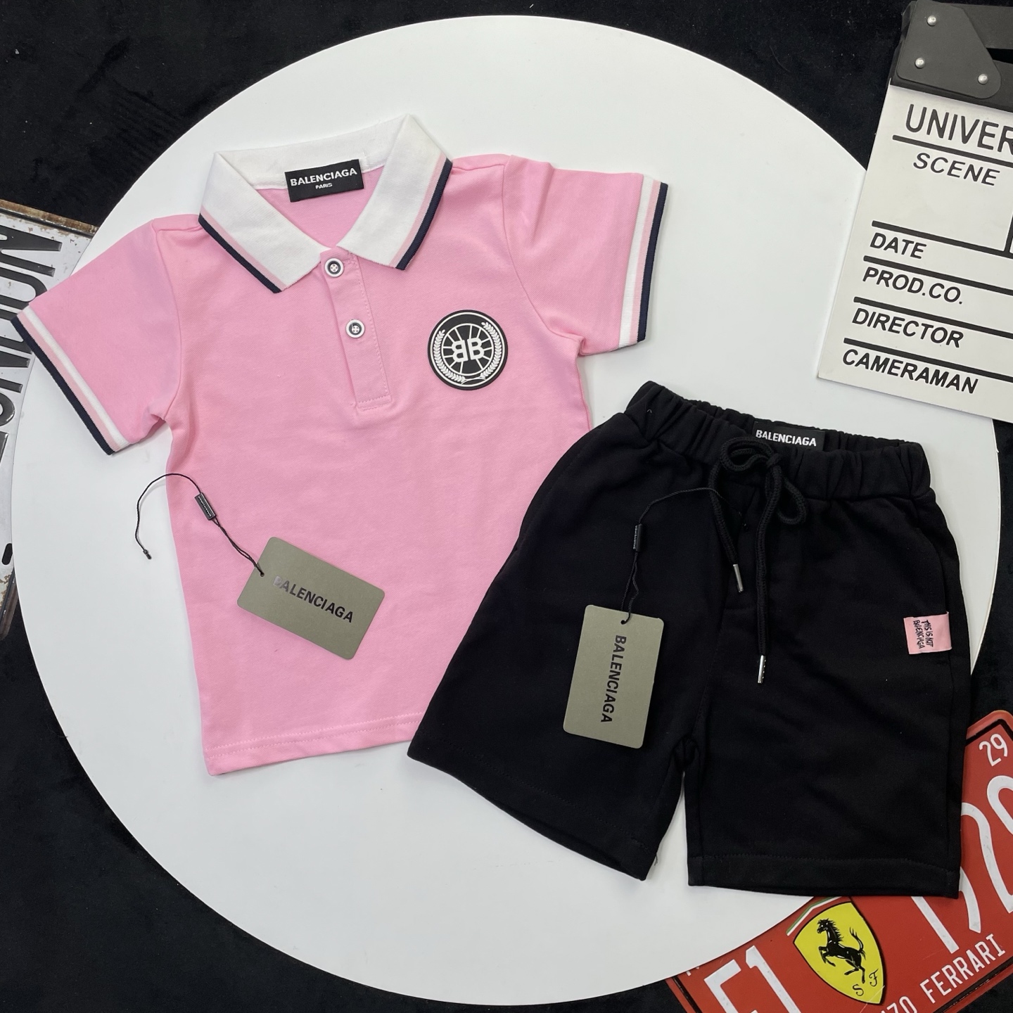 Balenciaga Unisex Kids Contrast Strip Collar BB Circle Patch Short Sleeve Polo & Drawstring Casual Shorts 2 Piece Set Boys Girls Sizes 90-150