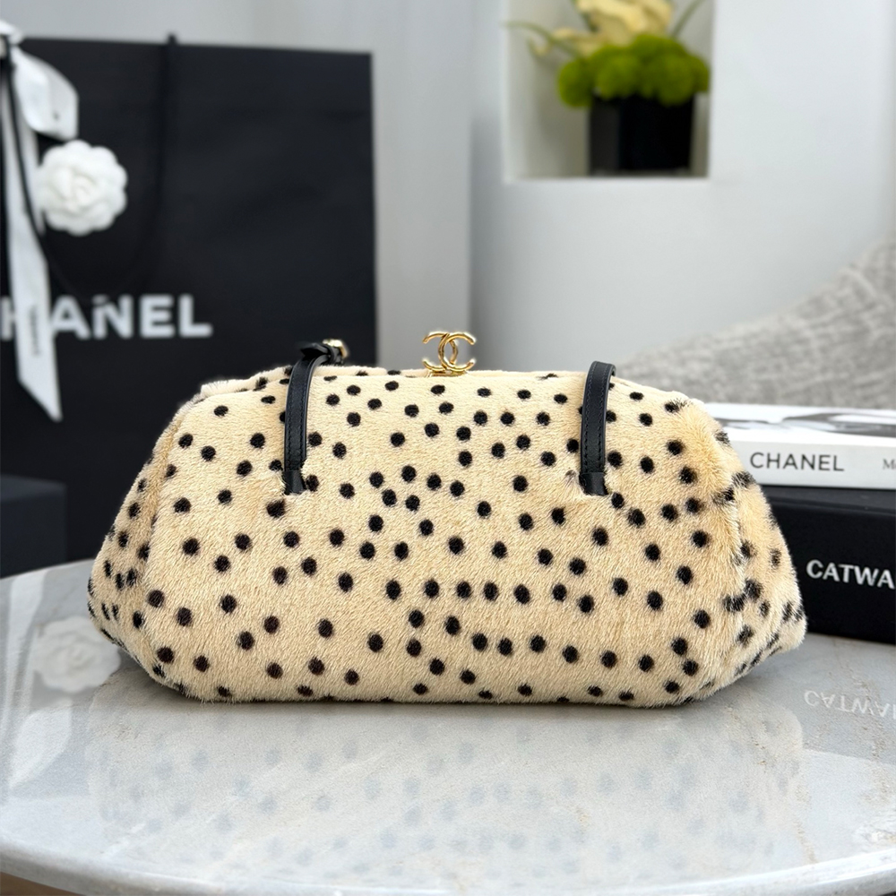 Chanel black Bag Chanel Cheetah Print Clutch with Leather Straps Light Beige Calf Hair Black Leather Gold Hardware #394977 |