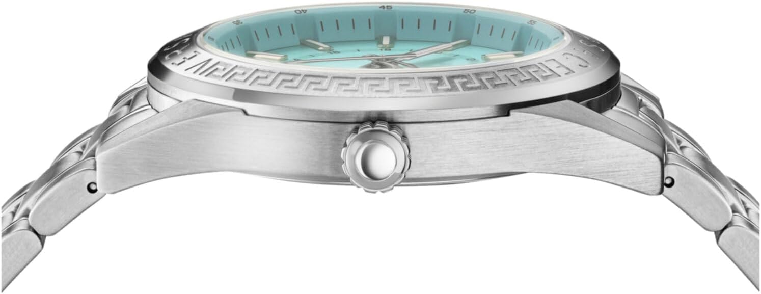 Versace V-Code GMT Collection Luxury Mens Watch Timepieces with a Silver Bracelet Featuring a Stainless Steel Case and a Blue Dial
