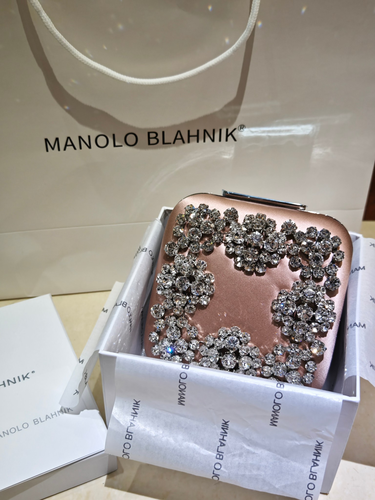 [TOP] MANOLO BLAHNIK Lace-patterned Square Bag 15.8*17*7.3cm - Champagne - 711 Luxury