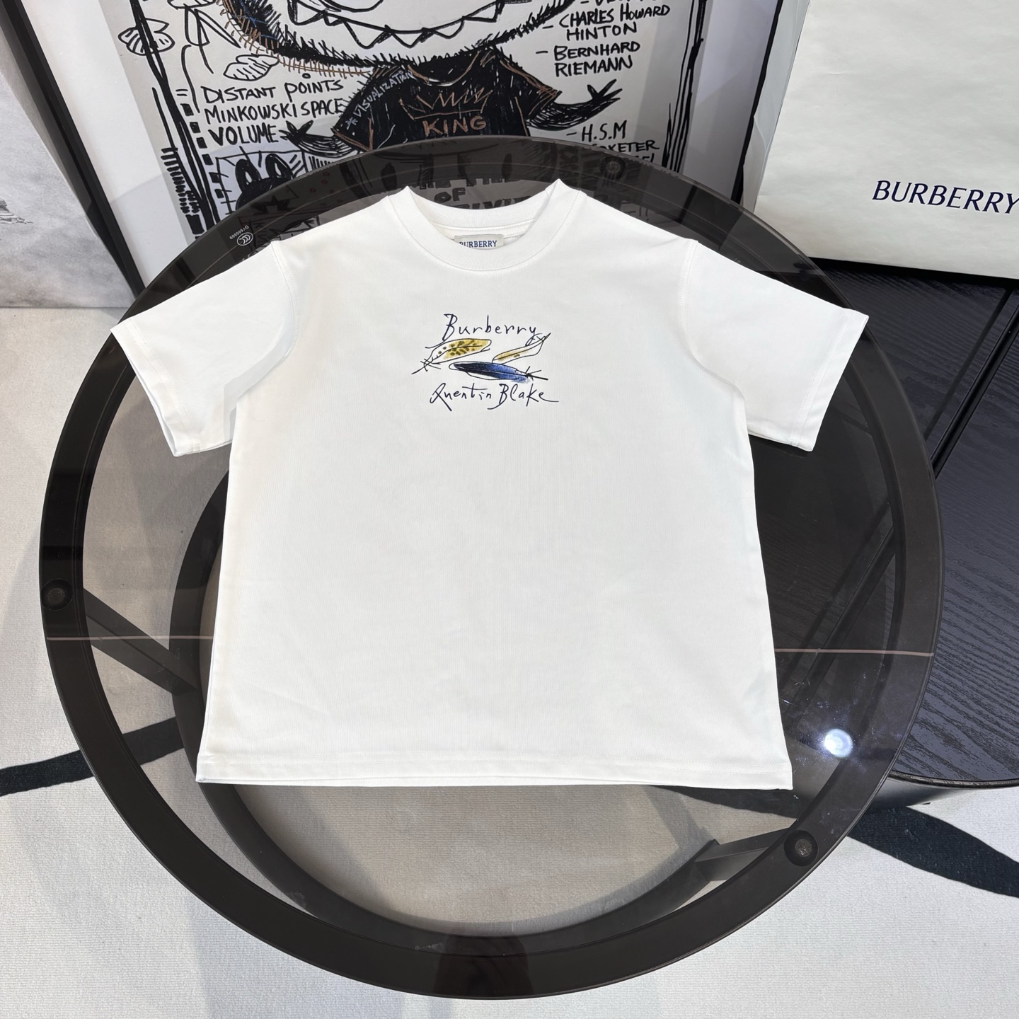 Burberry Unisex Kids Quentin Blake Feather Print White Short Sleeve Cotton T-Shirt Boys Girls Minimal Summer Tee Sizes 100-160