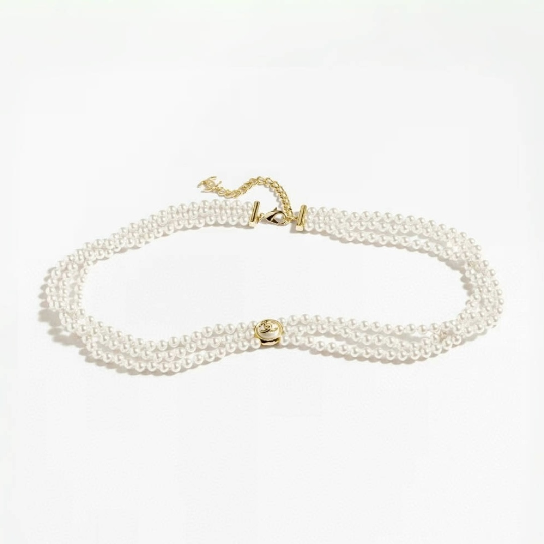 Chanel gold Accessory Chanel 24A Gold Button Double C Pearl Triple Layer Waist Chain | Nigo Office