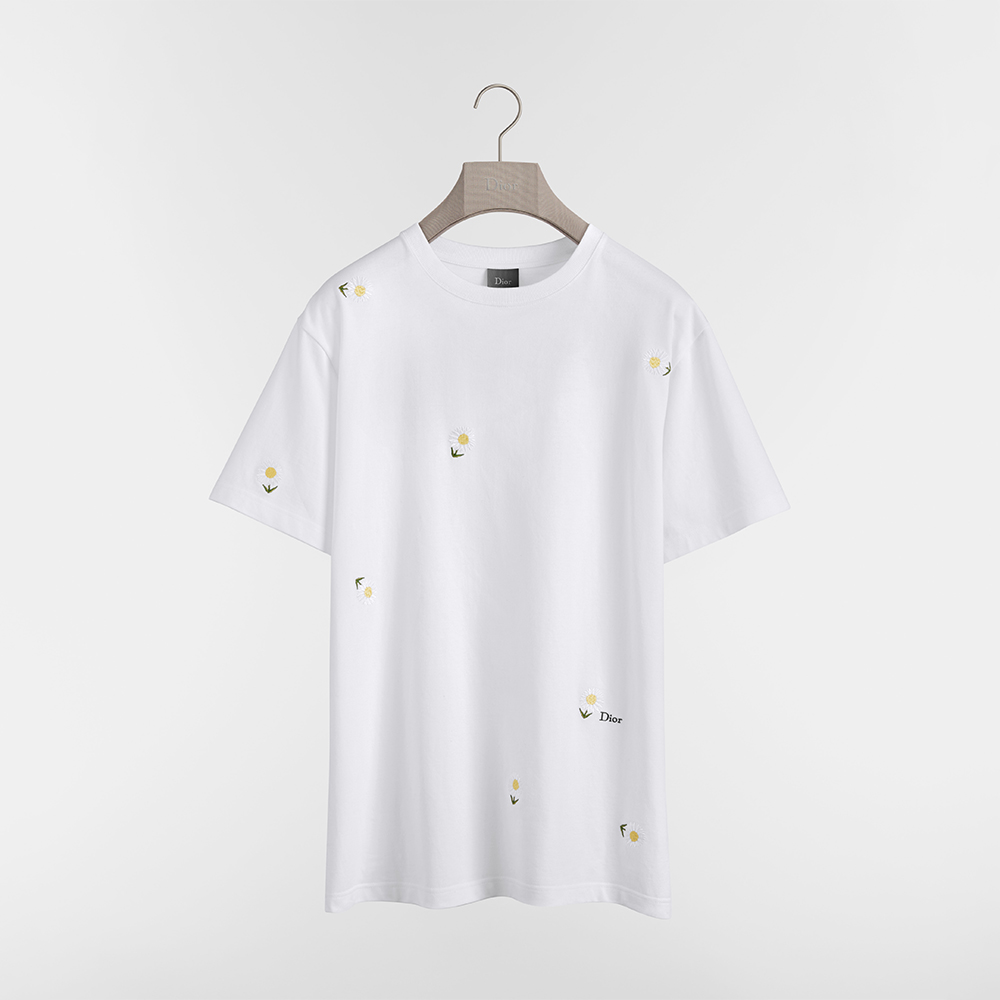 DIOR T-Shirt with Daisy Embroidery Relaxed Fit White Cotton Jersey #383941