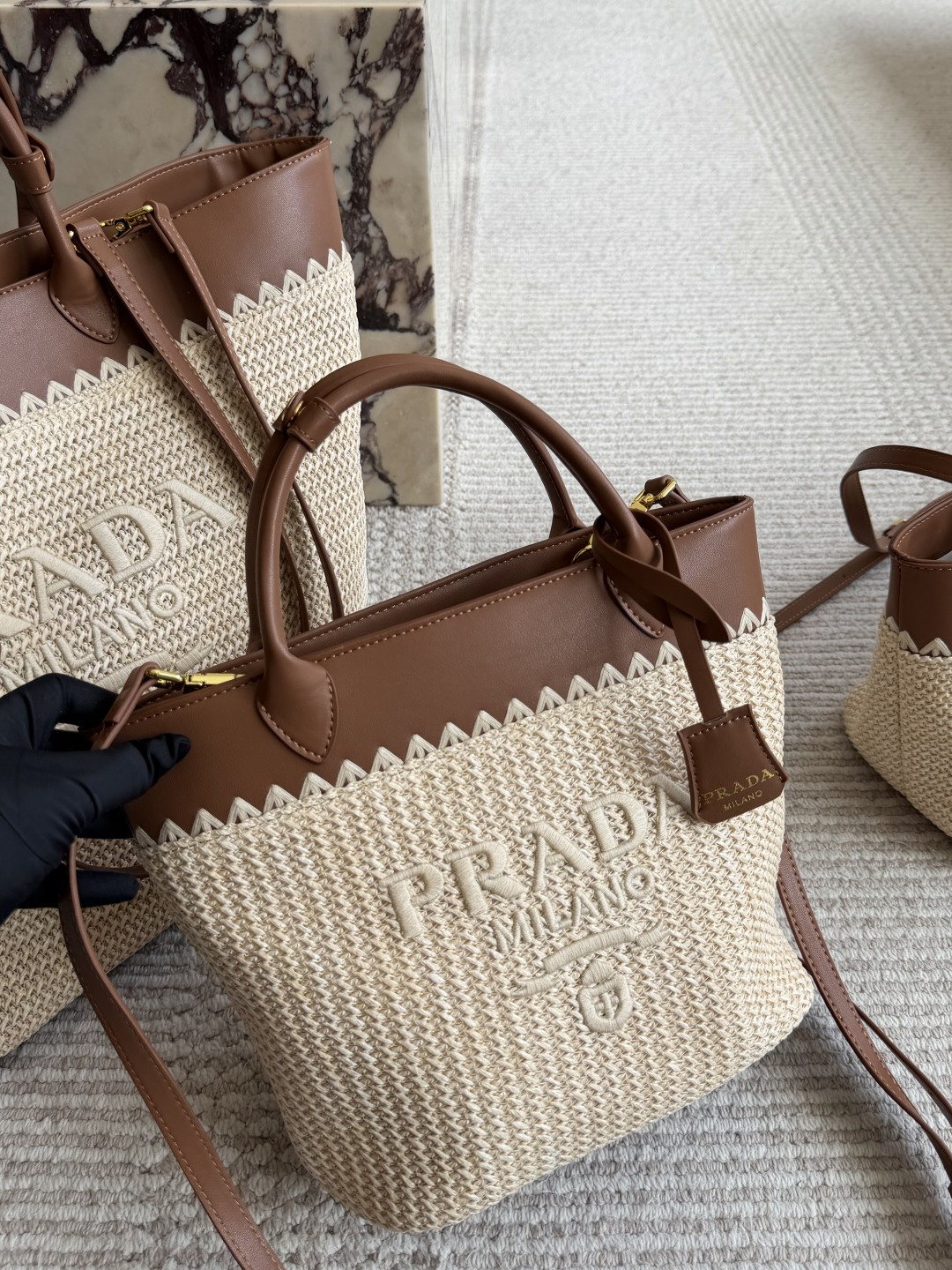 Prada Raffia and Leather Bag with Detachable Strap (Replica)