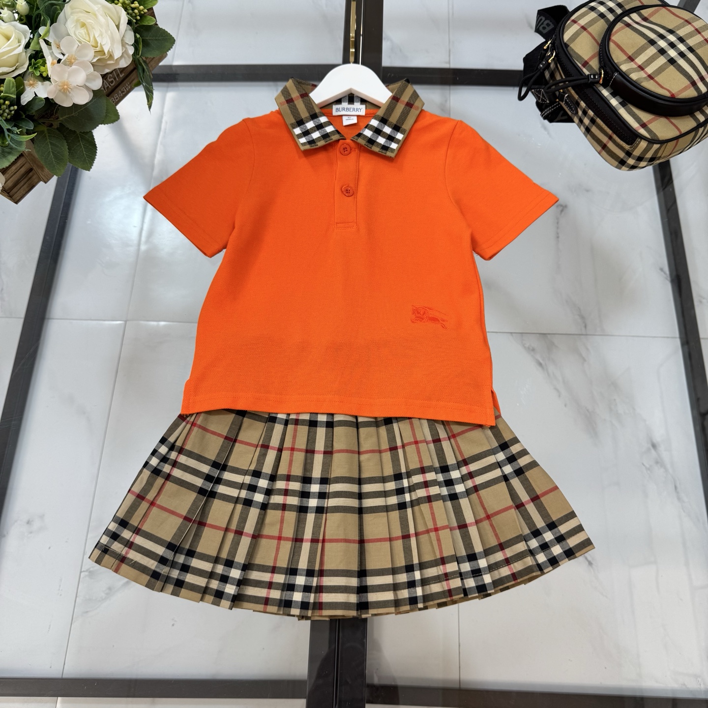 Burberry Girls Vintage Check Collar Orange Polo Shirt & Signature Plaid Pleated Skirt Two Piece Matching Set Kids Sizes 100-160