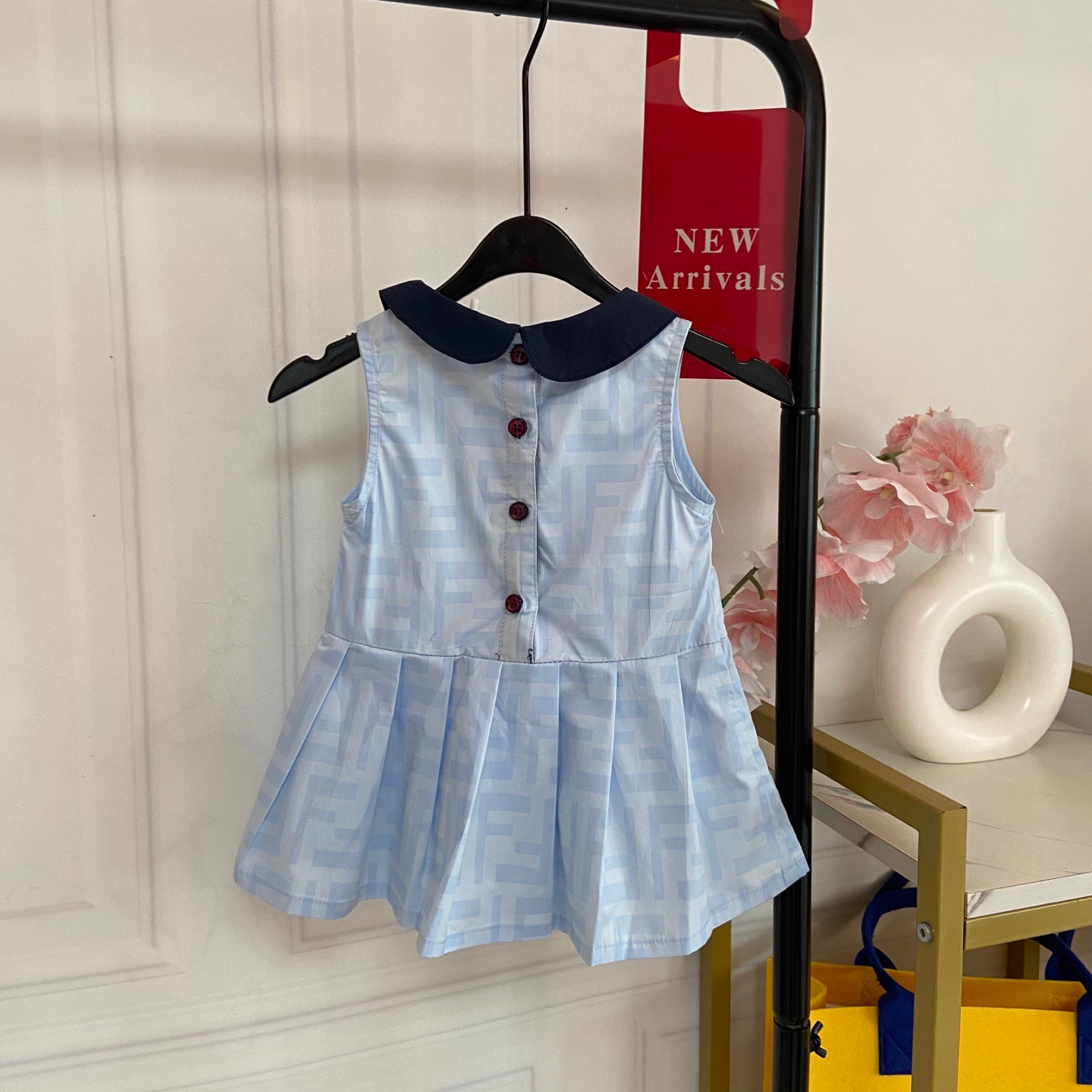 Fendi Girls Light Blue FF Monogram Peter Pan Collar Sleeveless Pleated Hem Dress Kids Sizes 80-120