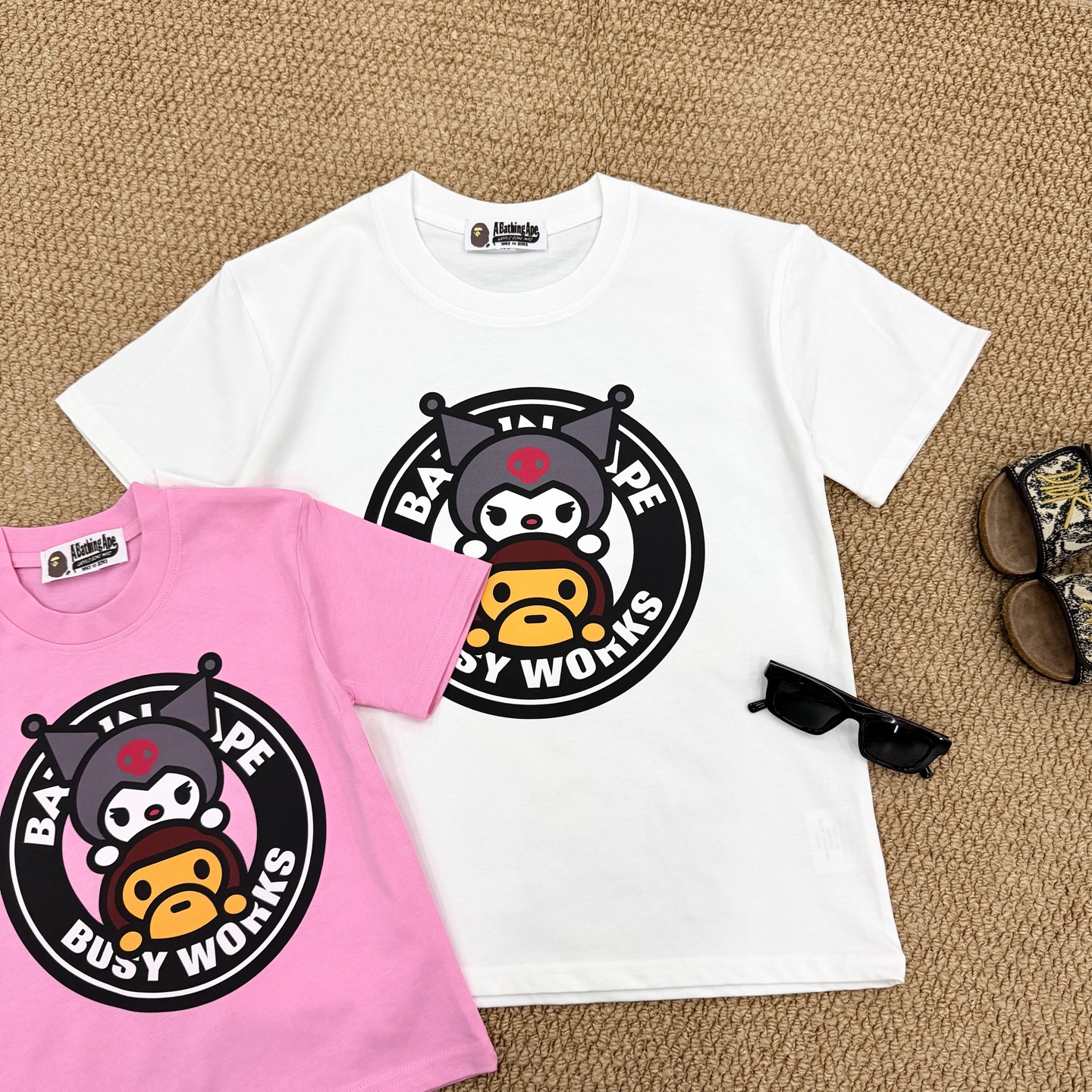 Bape Unisex Kids Pink White Kuromi Baby Milo Busy Works Circle Graphic Short Sleeve T-Shirt Boys Girls Sizes 90-150