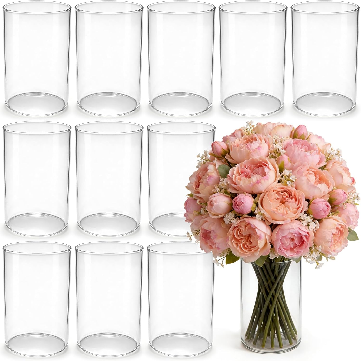 Jibrelxion 12 Pack Glass Cylinder Vases for Centerpieces, 6 Inches Tall Clear Flower Bud Vases for Wedding Decorations, Hurricane Floating Candle Holder for Home, Party and Table Shelf