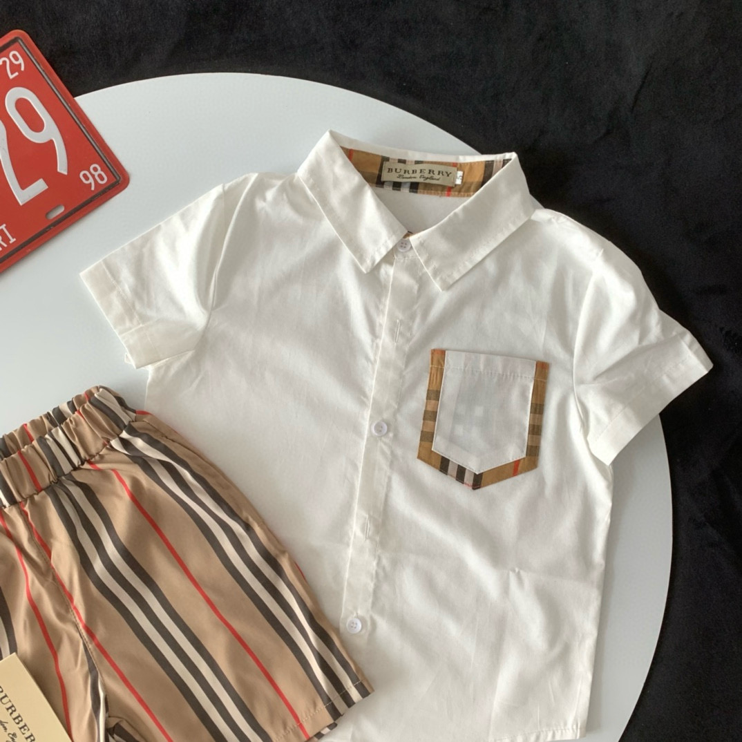 Burberry Unisex Kids White Plaid Pocket Short Sleeve Button Shirt & Classic Vertical Stripe Elastic Waist Shorts 2 Piece Separable Set Boys Girls Sizes 90-150