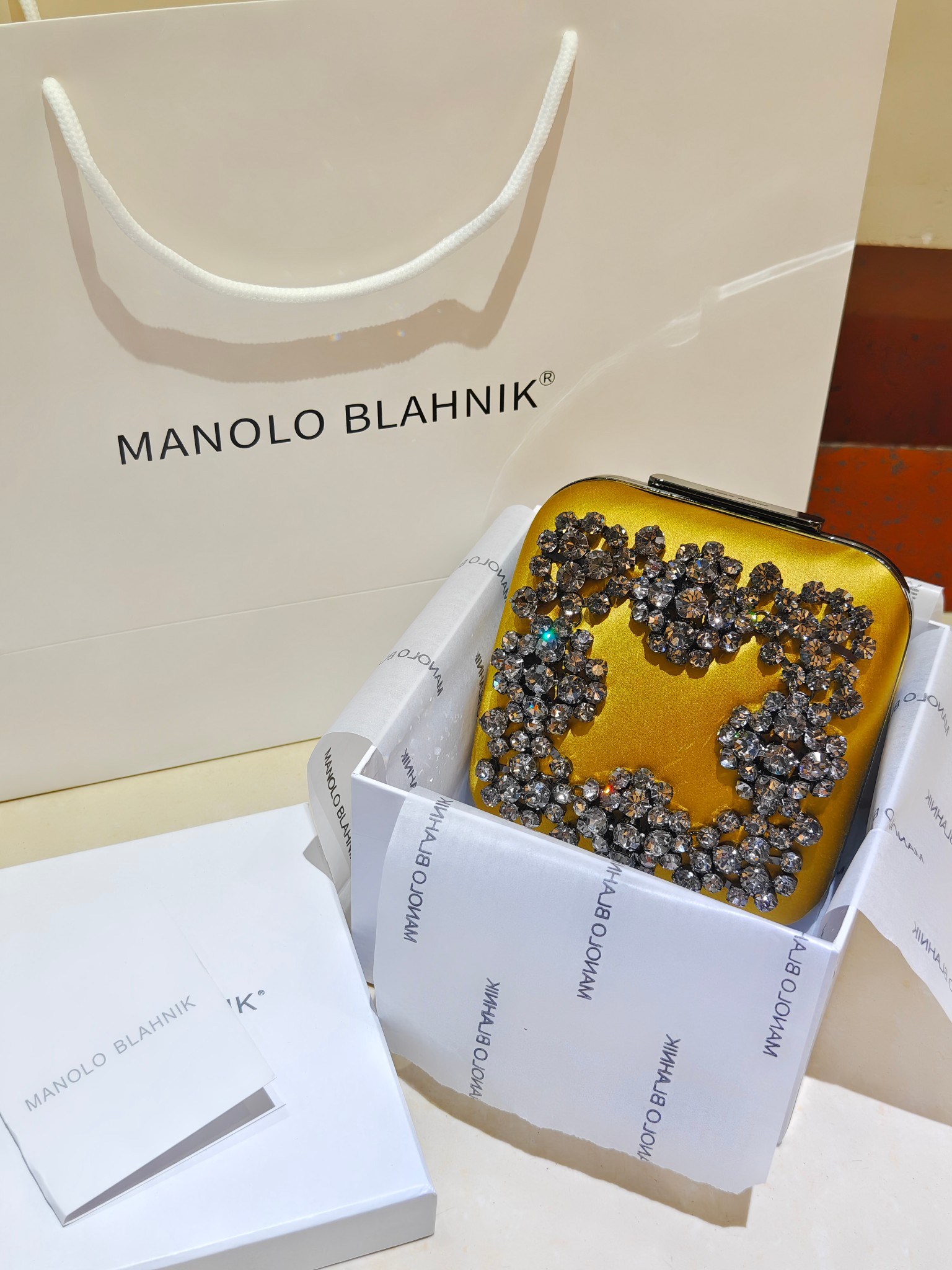 [TOP] MANOLO BLAHNIK Lace-patterned Square Bag 15.8*17*7.3cm - Yellow - 711 Luxury