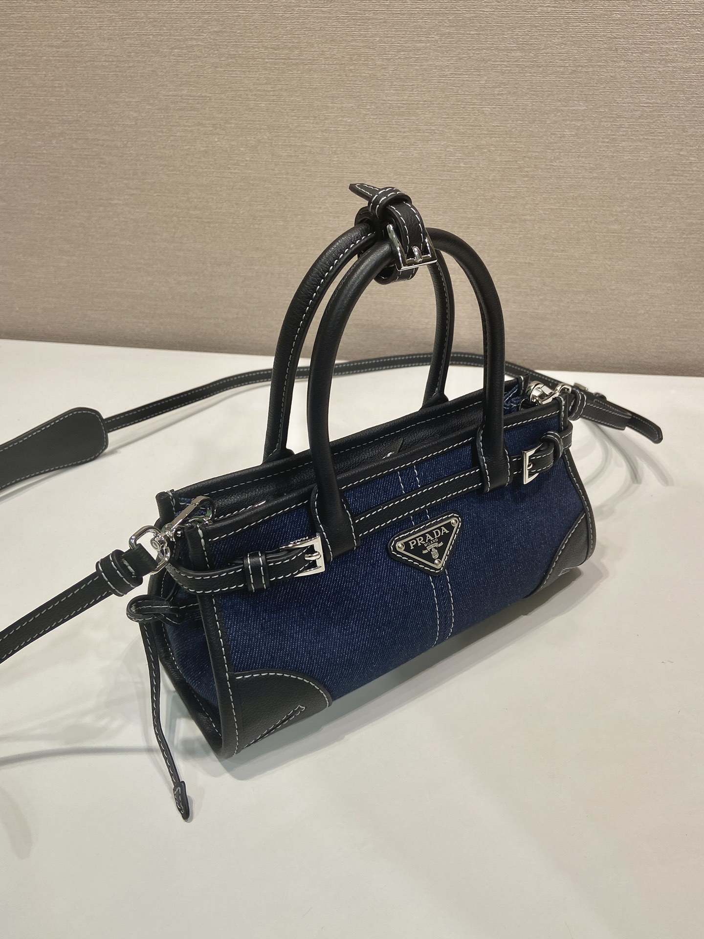 [TOP] PRADA Softlux Bag Denim/Calfskin 23.5x12x9cm - Blue and Black - 711 Luxury