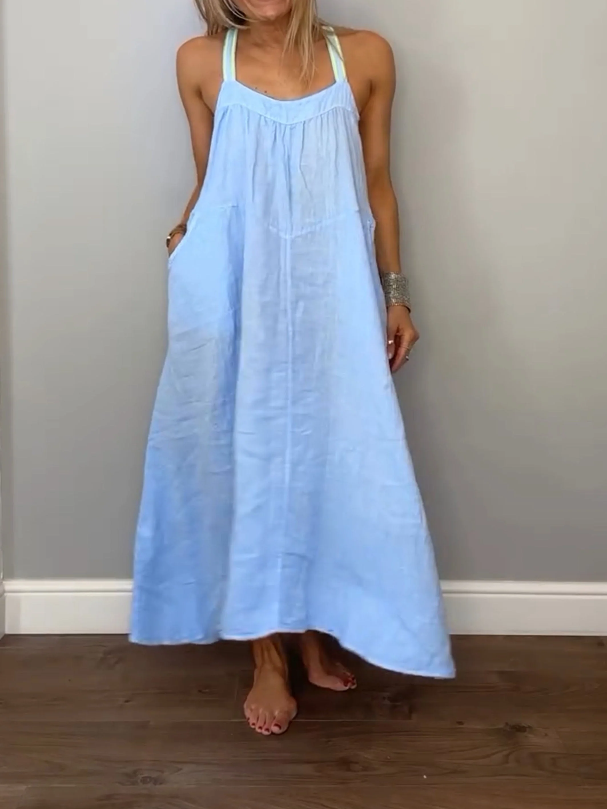 Women Solid Cotton and Linen Slip Dress