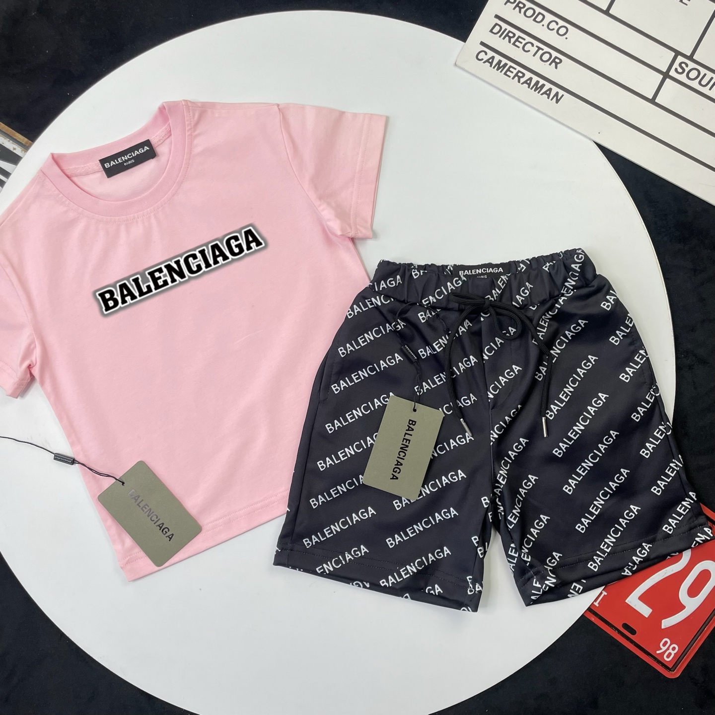 Balenciaga Unisex Kids Pink Gray Border Logo Short Sleeve T-Shirt & Black All Over Letter Print Casual Shorts 2 Piece Set Boys Girls Sizes 90-150