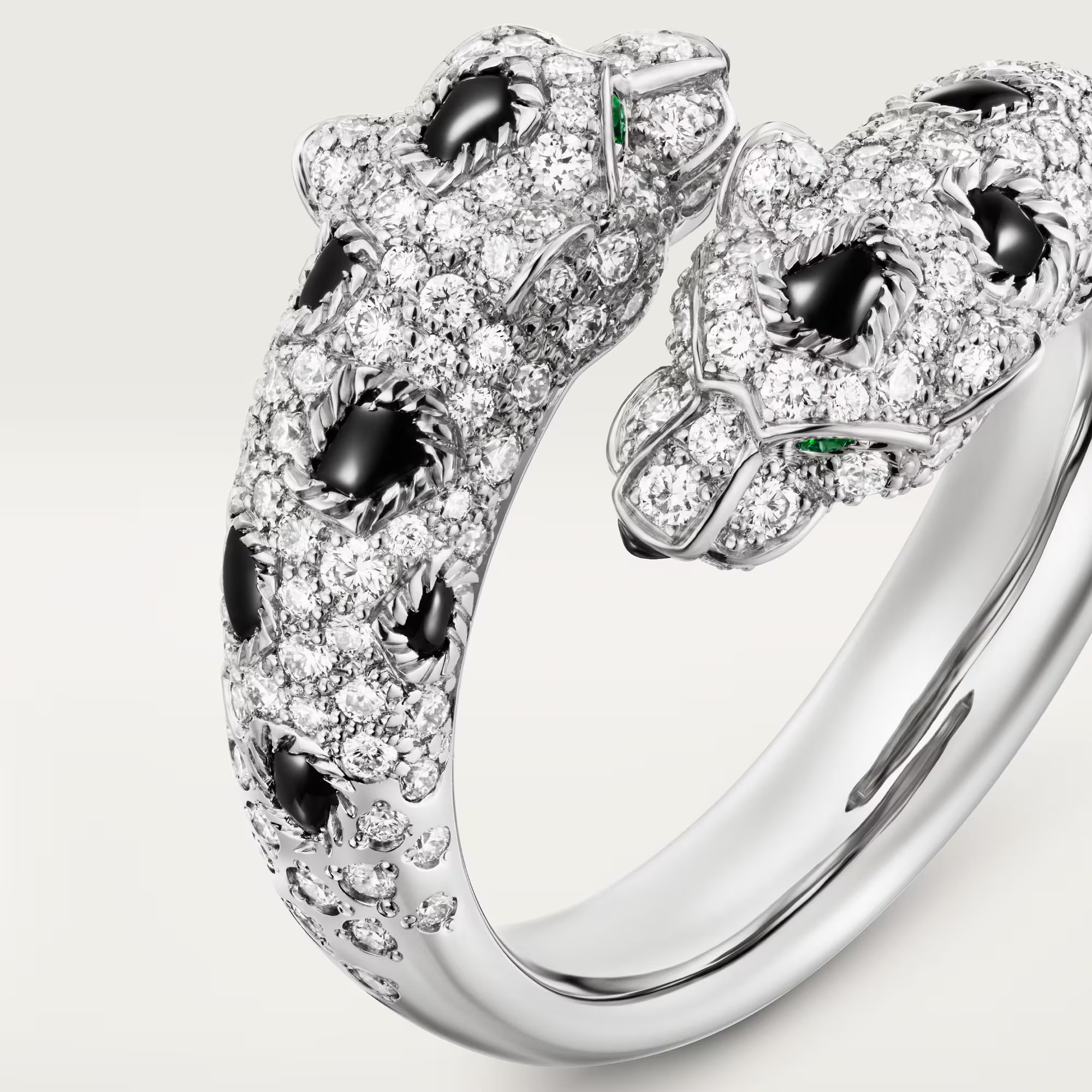 Carty Panther Motif Ring, White Gold, Double Head ,Semi-Paved