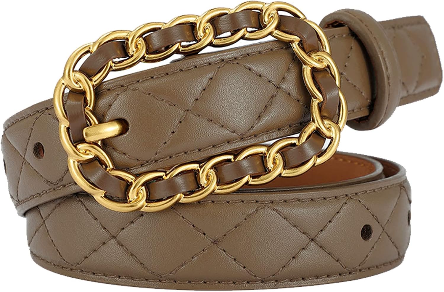 Karoukee Women Fashion Quilted Belt for Dresses Jeans Pants Designer Genuine Leather Ladies Belts with Braided Chain Buckle