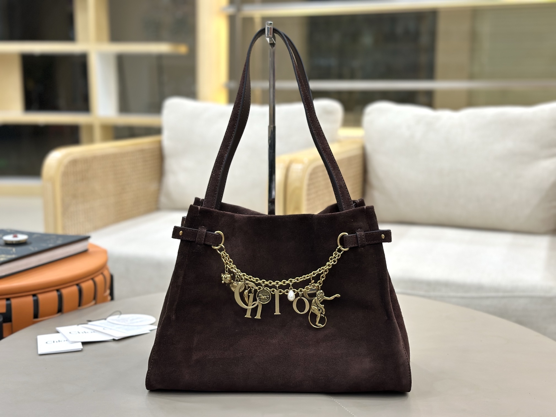 [TOP] Chloe Charms Hobo Bag Suede Leather 34x25x17cm - Chocolate - 711 Luxury