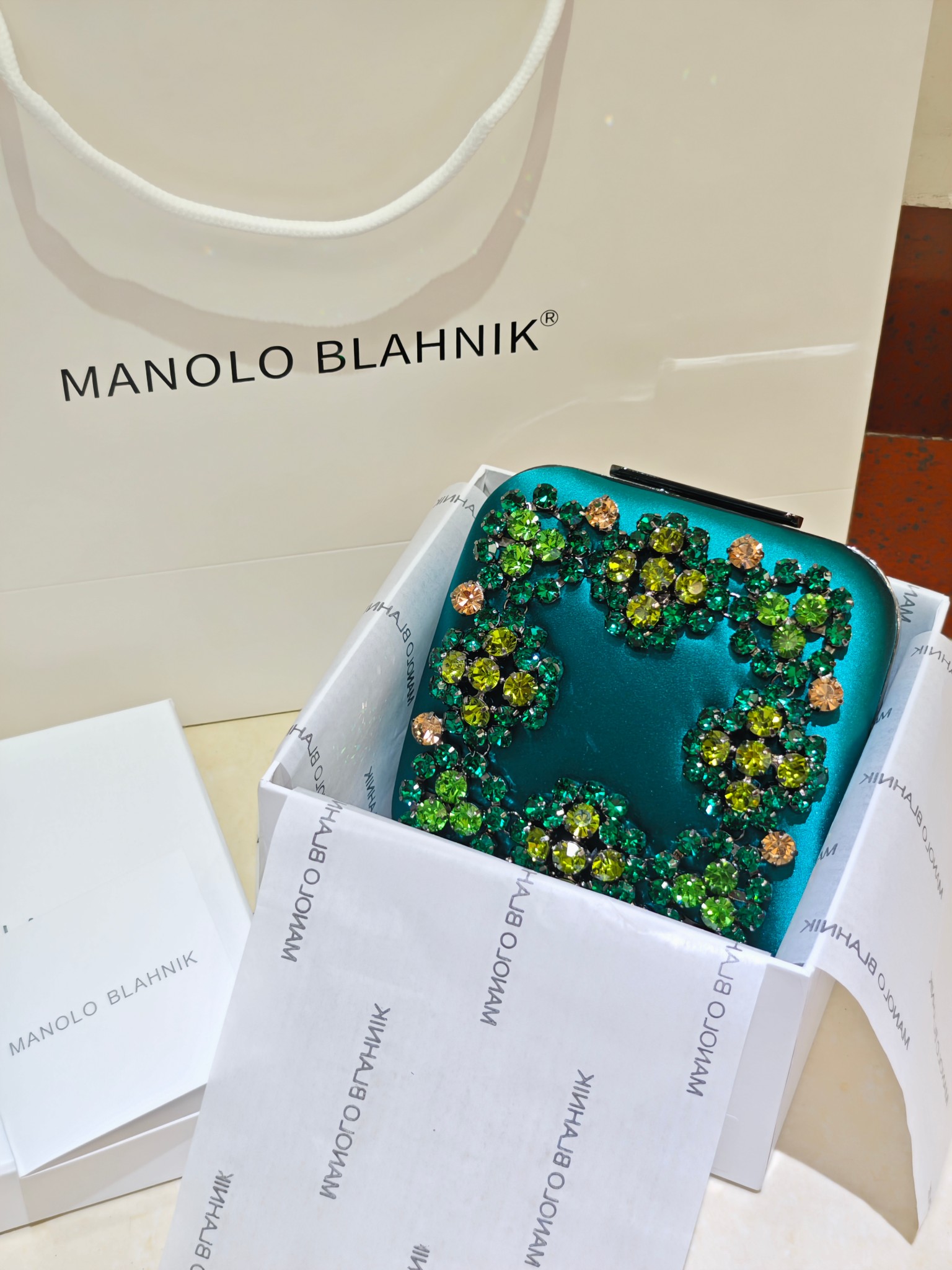 [TOP] MANOLO BLAHNIK Lace-patterned Square Bag 15.8*17*7.3cm - Green - 711 Luxury