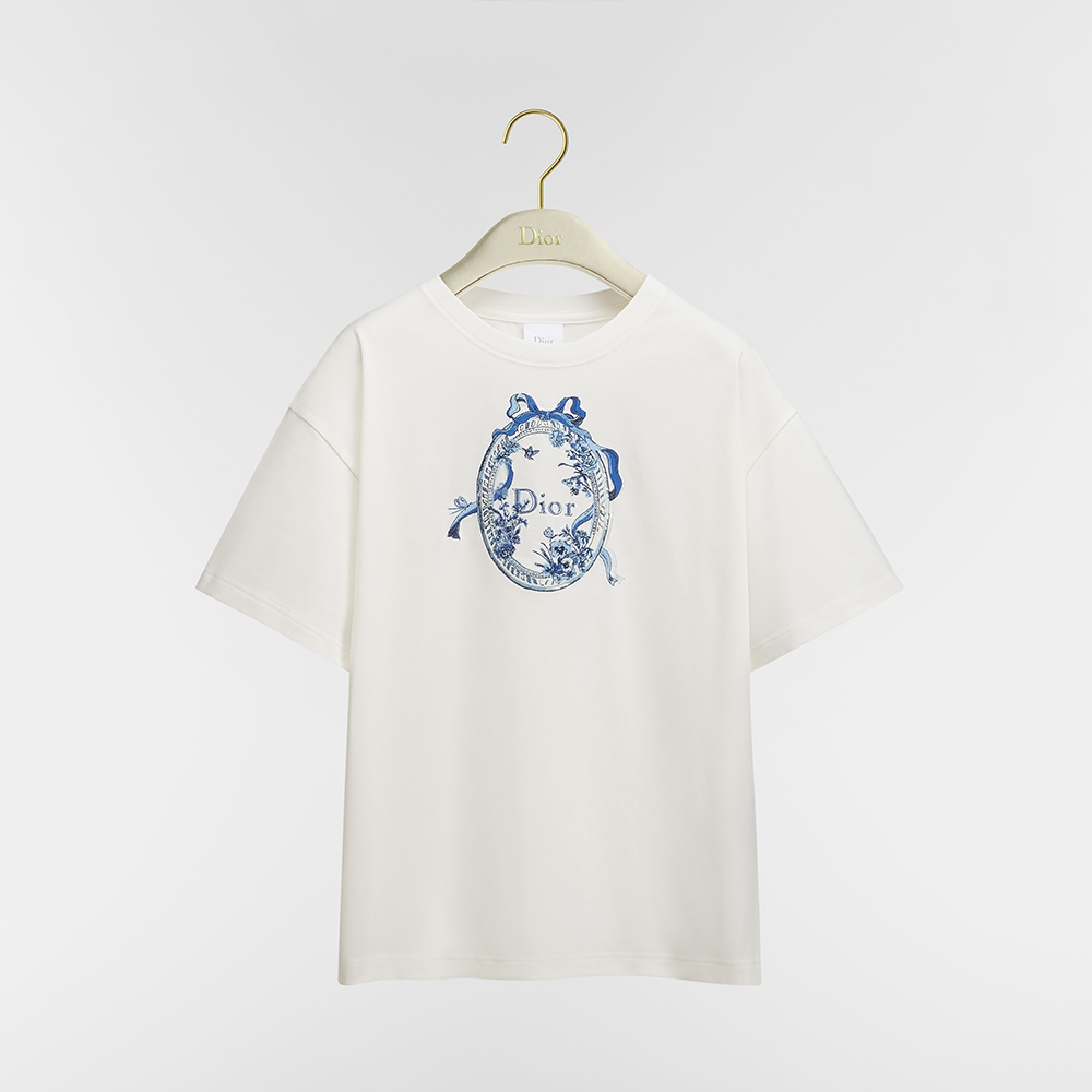 DIOR Dioriviera Oversized T-Shirt White Cotton Jersey with Blue Toile de Jouy Floral Garden Motif #387298