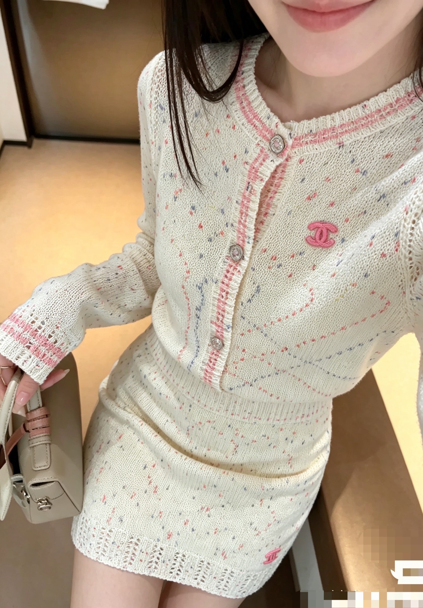 [TOP] CHANEL Knit Cardigan + Skirt Set - White - 711 Luxury