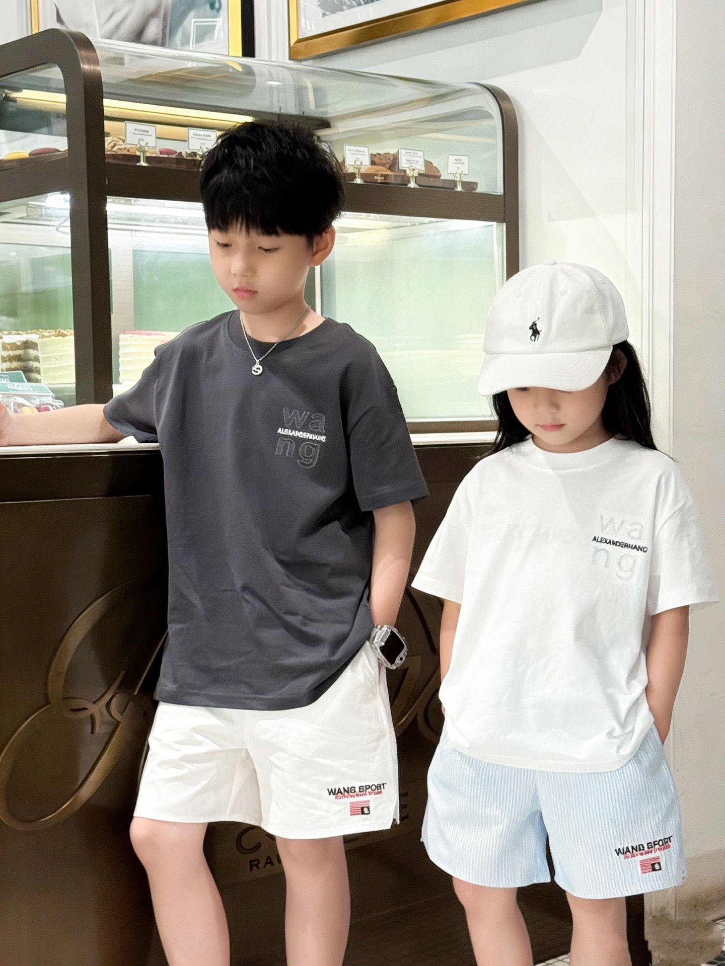 Alexander Wang Kids 2Pcs Hollow Embroidery Heavy Cotton Tee & Logo Print Shorts Matching Set For Boys Girls Luxury Kids Outfit Sizes 100-150,