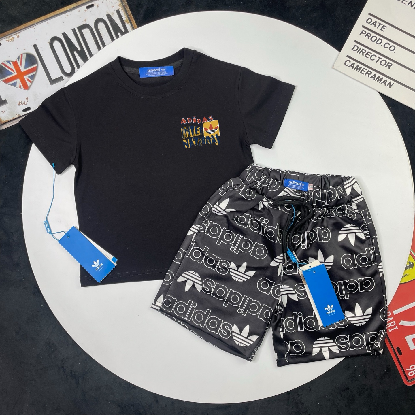Adidas Unisex Kids 2-Piece Letter Embroidery Short Sleeve Tee & All Over Print Shorts Summer Outfit Boys Girls Separates Available Sizes 90-150