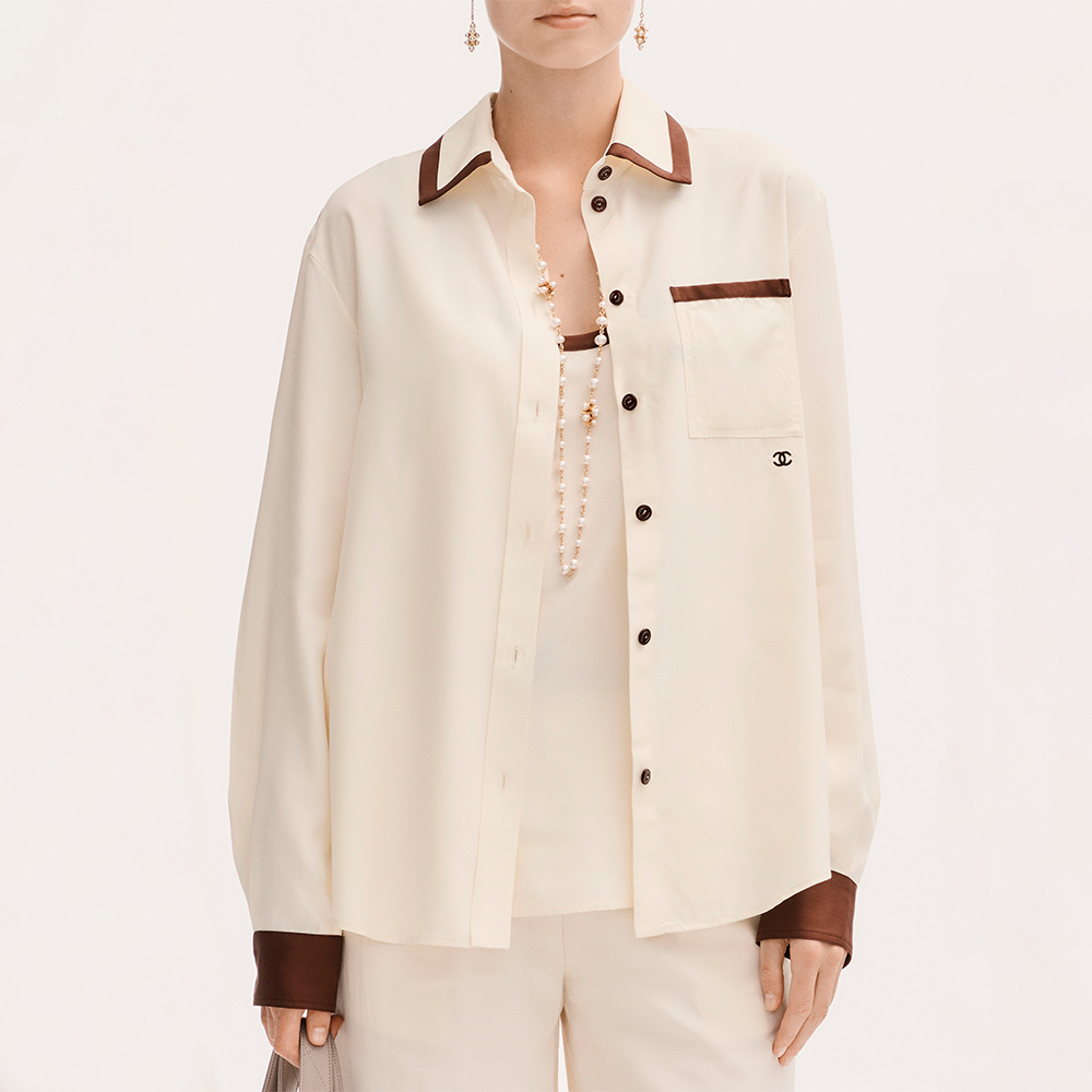 CHANEL Long-sleeved Shirt Silk Canvas Light Yellow Burgundy #378595