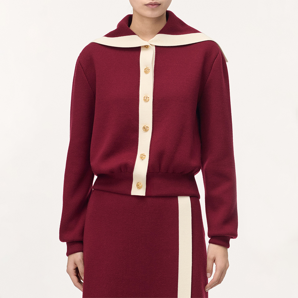 Chanel white Clothing CHANEL Cardigan Wool burgundy white #390021 | Nigo Office