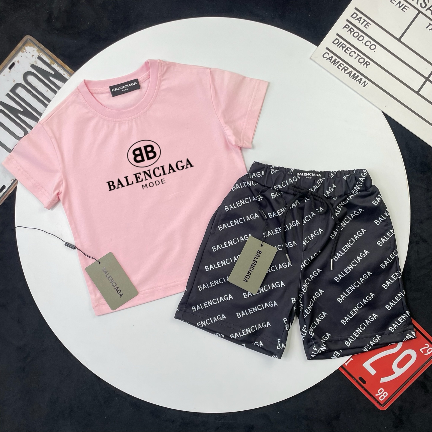 Balenciaga Unisex Kids Light Pink Circle BB Mode Print Short Sleeve T-Shirt & Black All Over Letter Print Casual Shorts 2 Piece Set Boys Girls Sizes 90-150