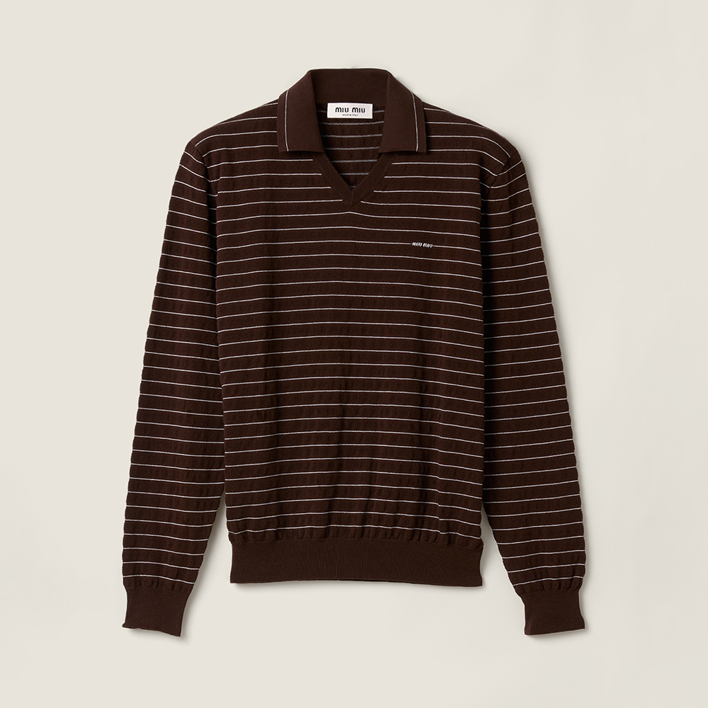 Designer brown Clothing MiuMiu Cocoa Brown V-neck Cotton Sweater #396724 | Nigo Office