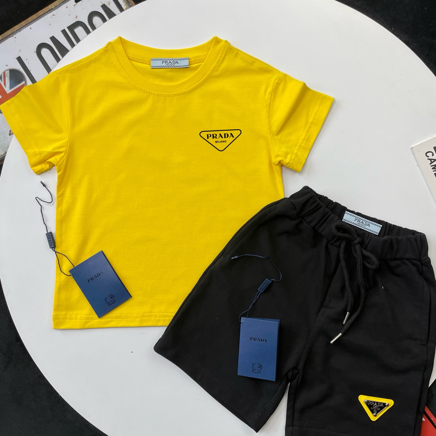 Prada Unisex Kids Yellow Triangle Logo Short Sleeve T-Shirt & Black Sweat Shorts Set Boys Girls Sizes 90-150