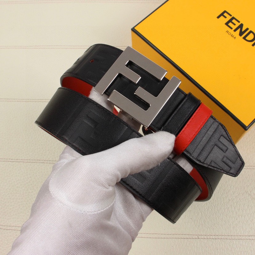 [TOP] FENDI Men's Belt Cowhide 3.8cm - Black and Red - 711 Luxury