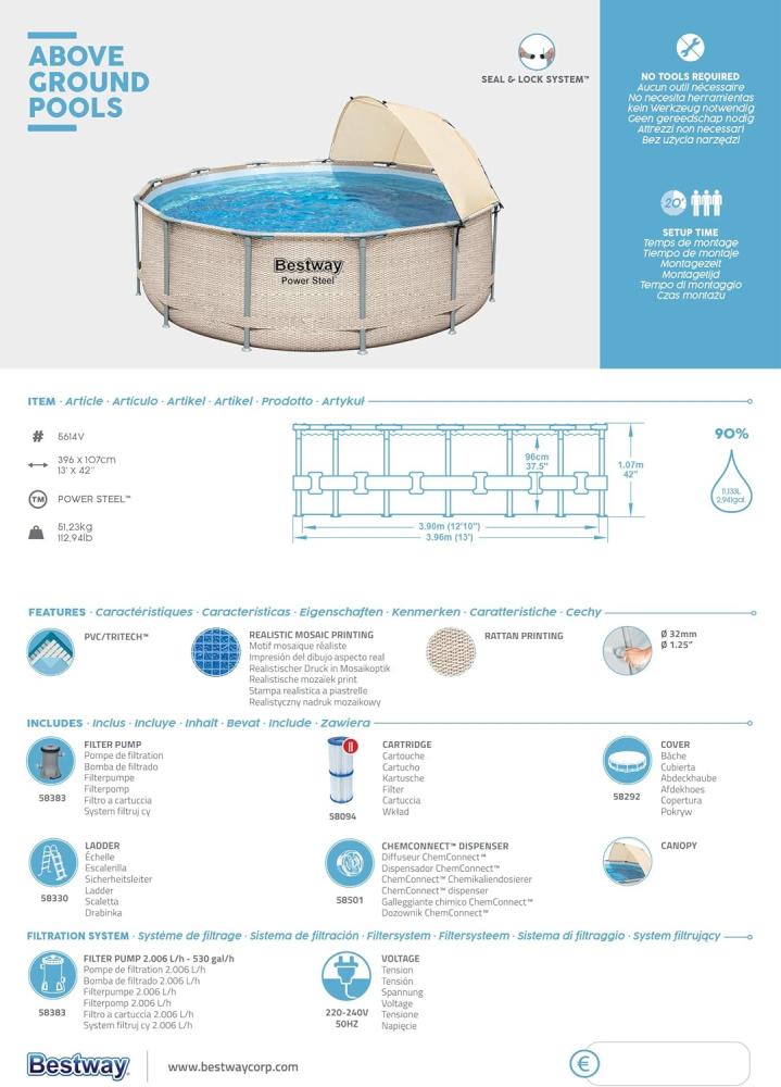 Bestway Power Steel Swimmingpool-Set mit Dach 396x107 cm
